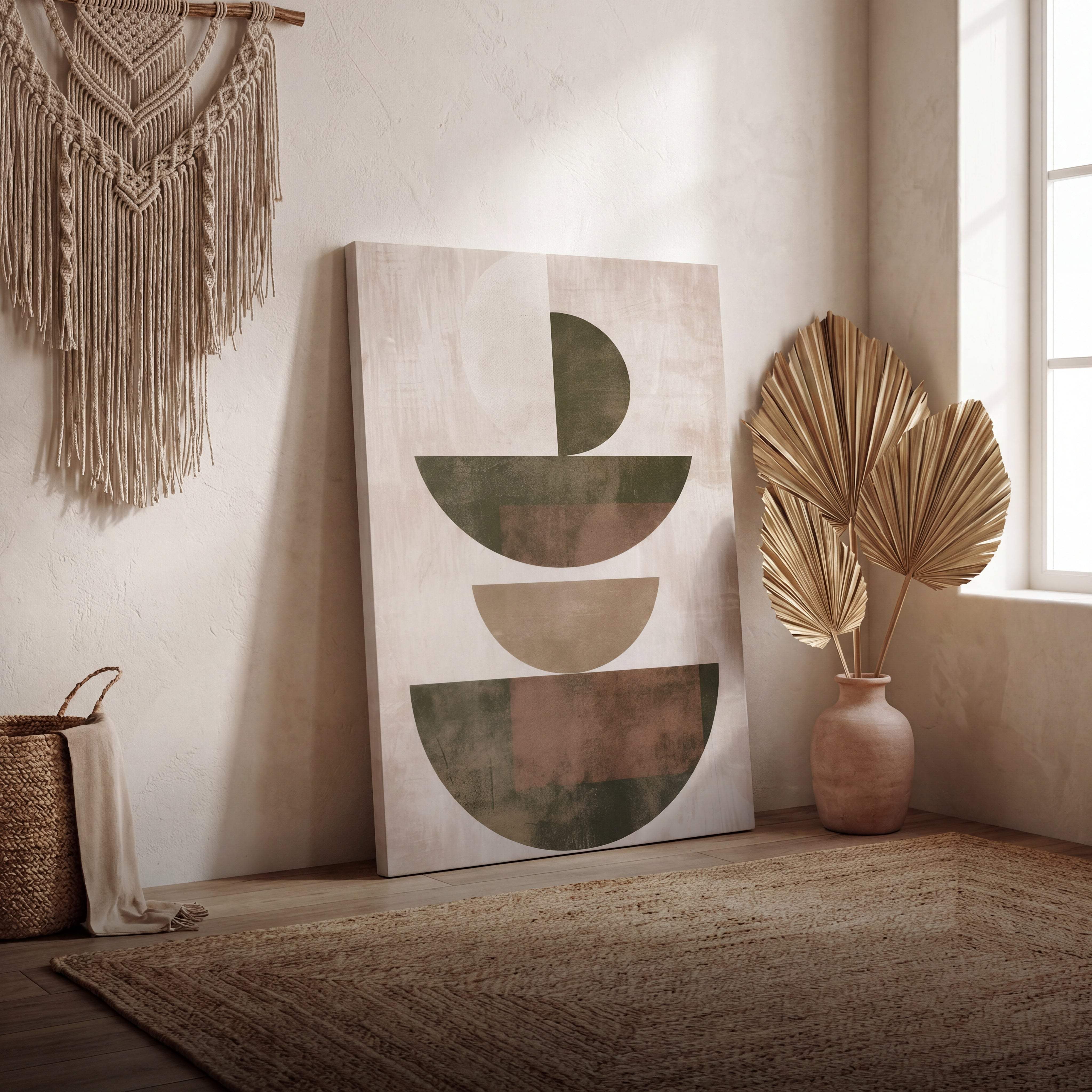 A modern abstract canvas painting featuring layered semi-circular shapes in muted earth tones of beige, olive green, and dusty rose against a textured off-white background.