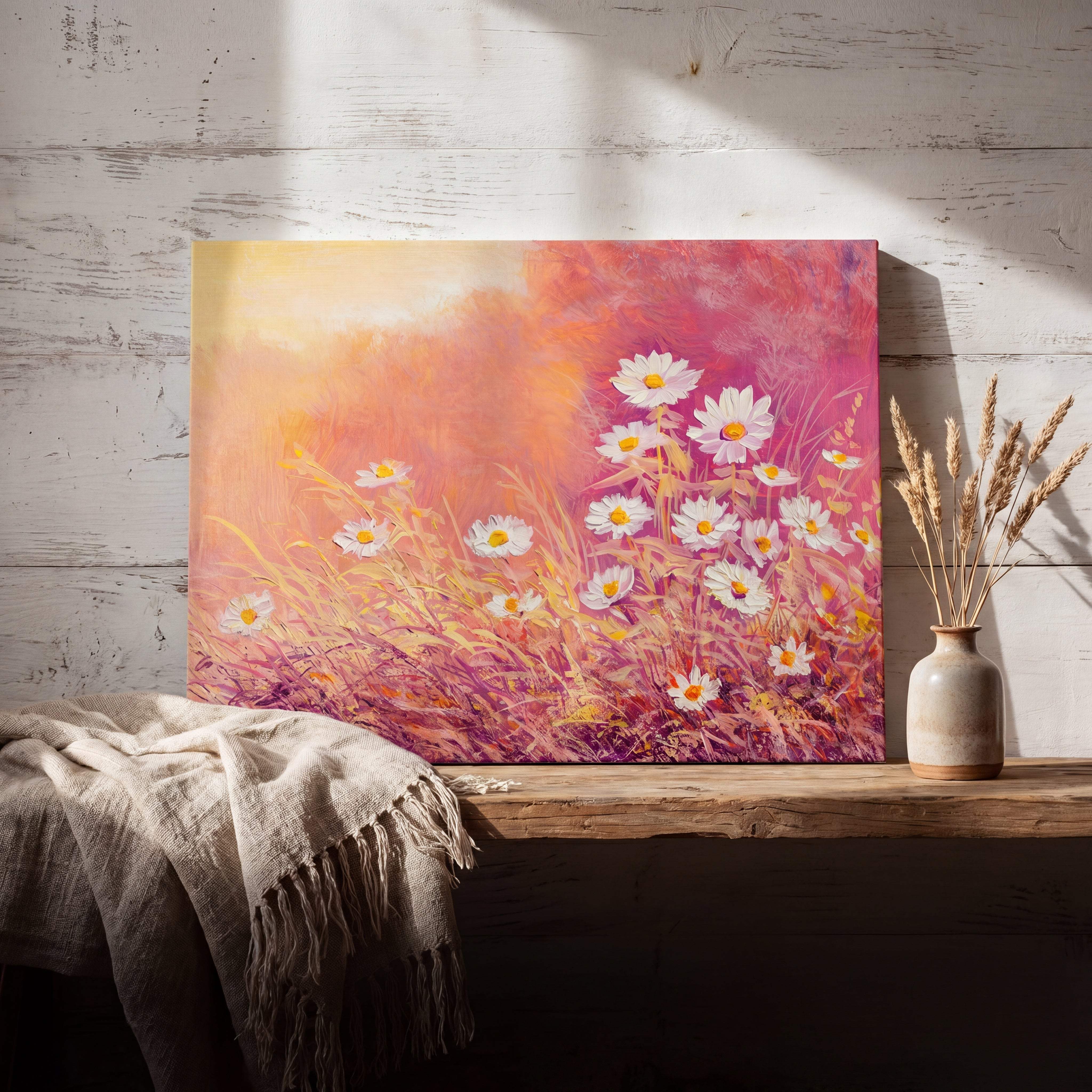 A vibrant canvas painting featuring a field of white daisies with yellow centers against a soft gradient background of pink, orange, and peach hues.