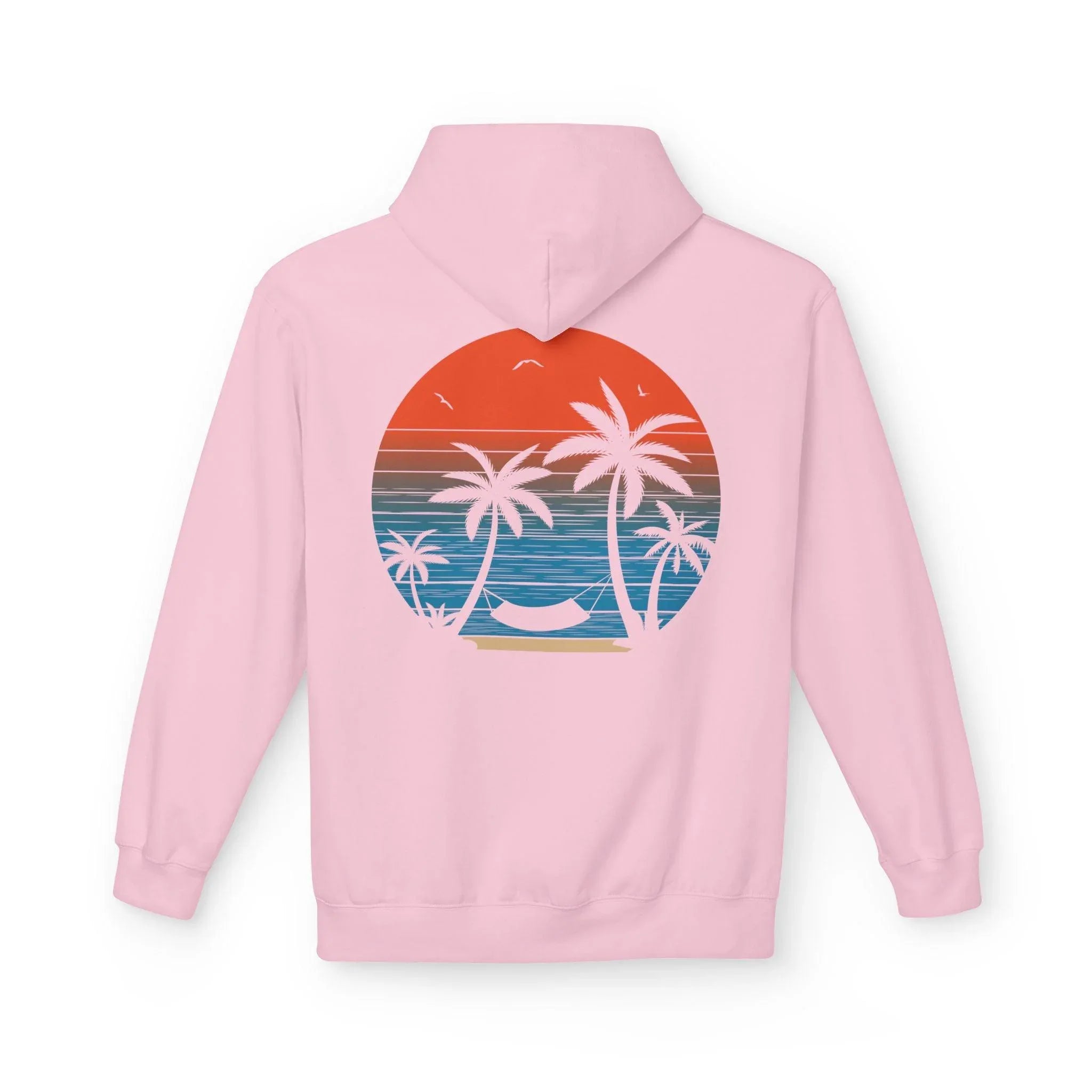 Cozy Beach Sunset Vibes Fleece Hoodie with Palm Tree Design