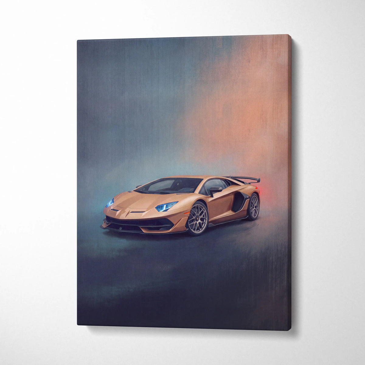 Golden lamborghini aventador svj inspired canvas print featuring sleek aerodynamic design and glowing blue headlights