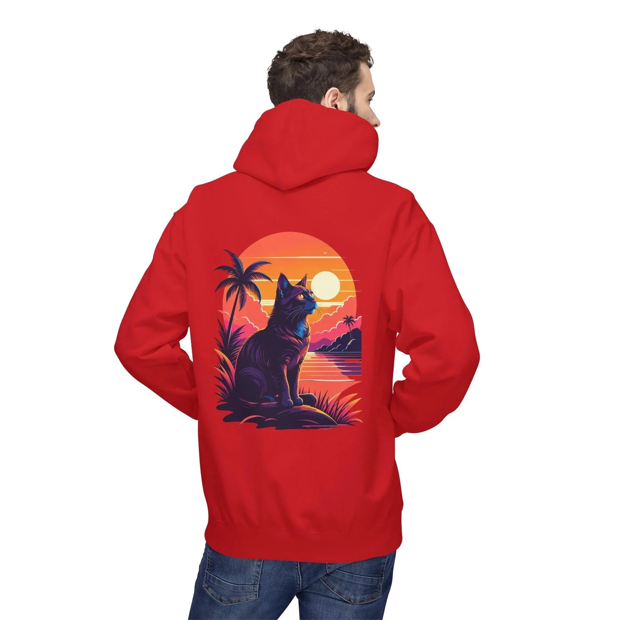 Cozy Cat Lover's Retro Sunset Fleece Hoodie