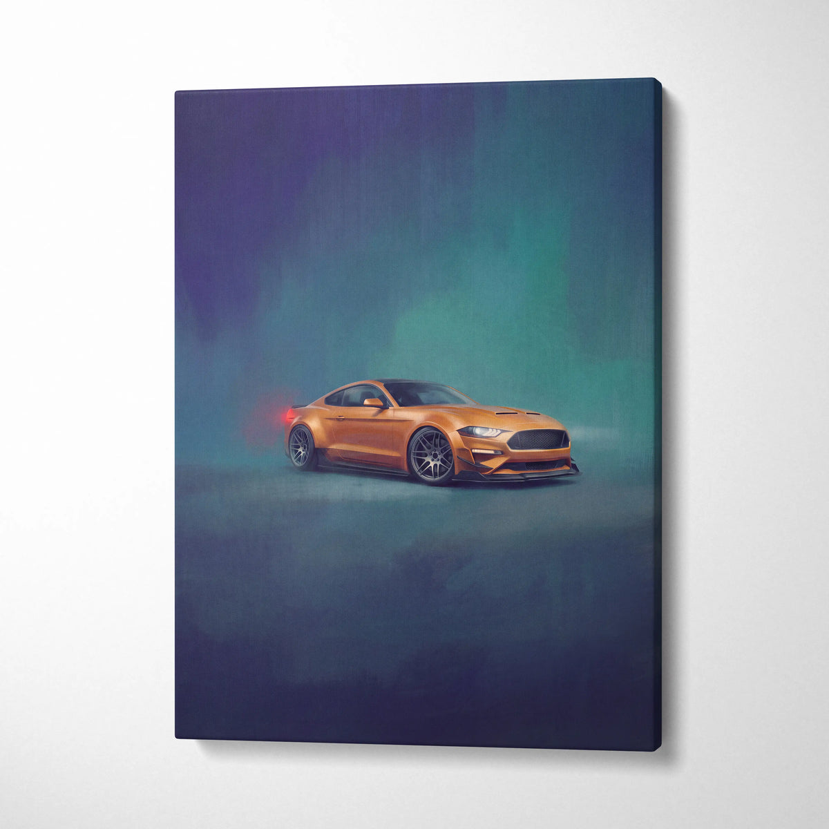 Golden ford mustang gt inspired canvas print with glowing red taillights for performance car office decor