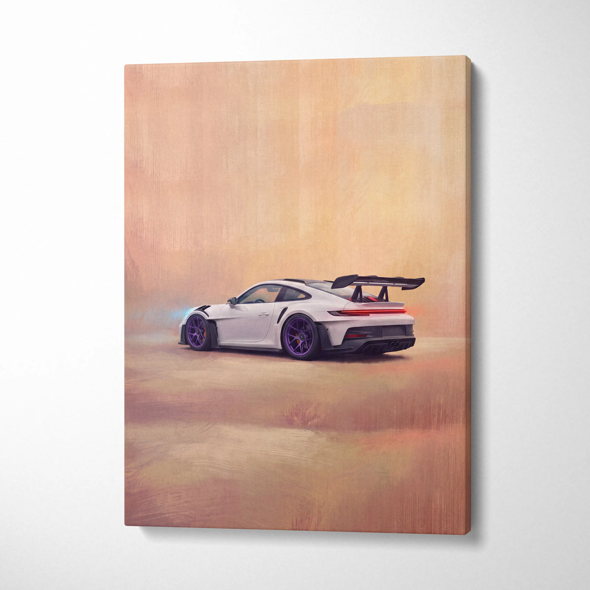 White porsche 911 gt3 rs sports car canvas print with purple wheels and black rear wing track edition wall art