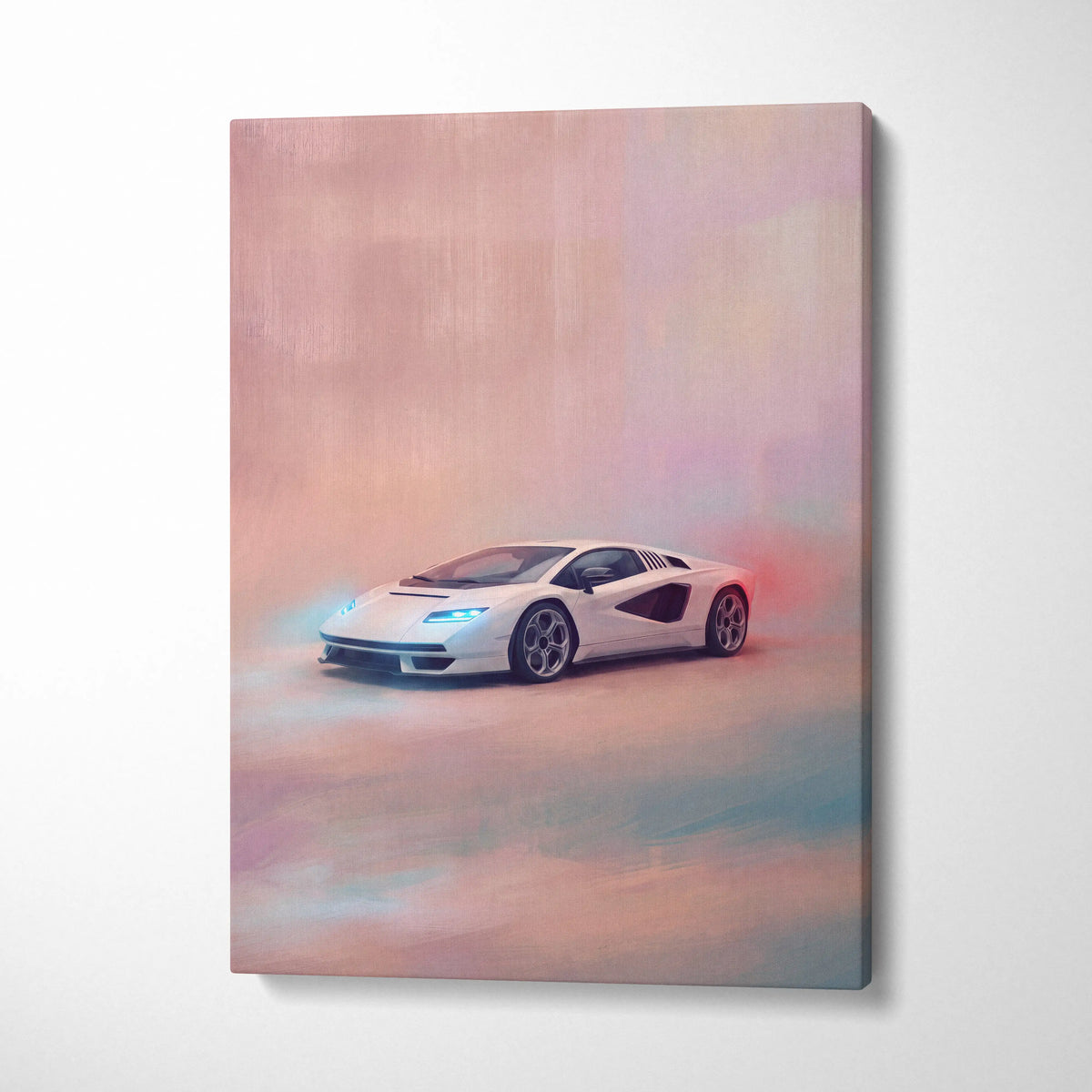 White lamborghini countach lpi 800-4 inspired track edition canvas print with glowing blue headlights and pinkish-purple background