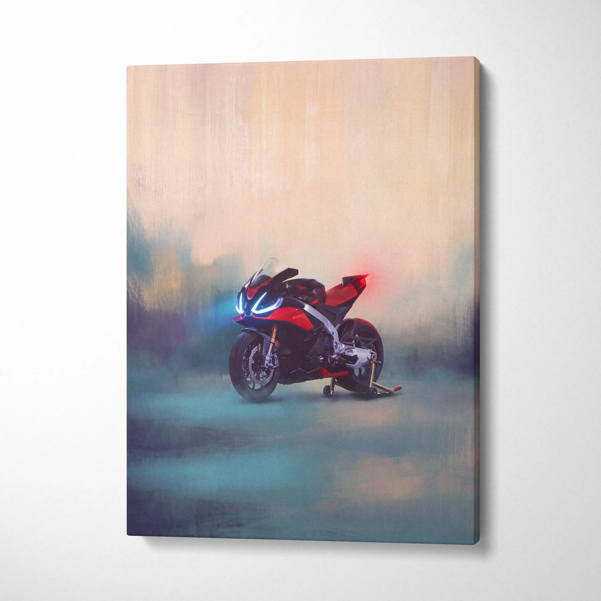 Aprilia rsv4 inspired red and black sport motorcycle canvas wall art with glowing blue headlights for racing enthusiasts