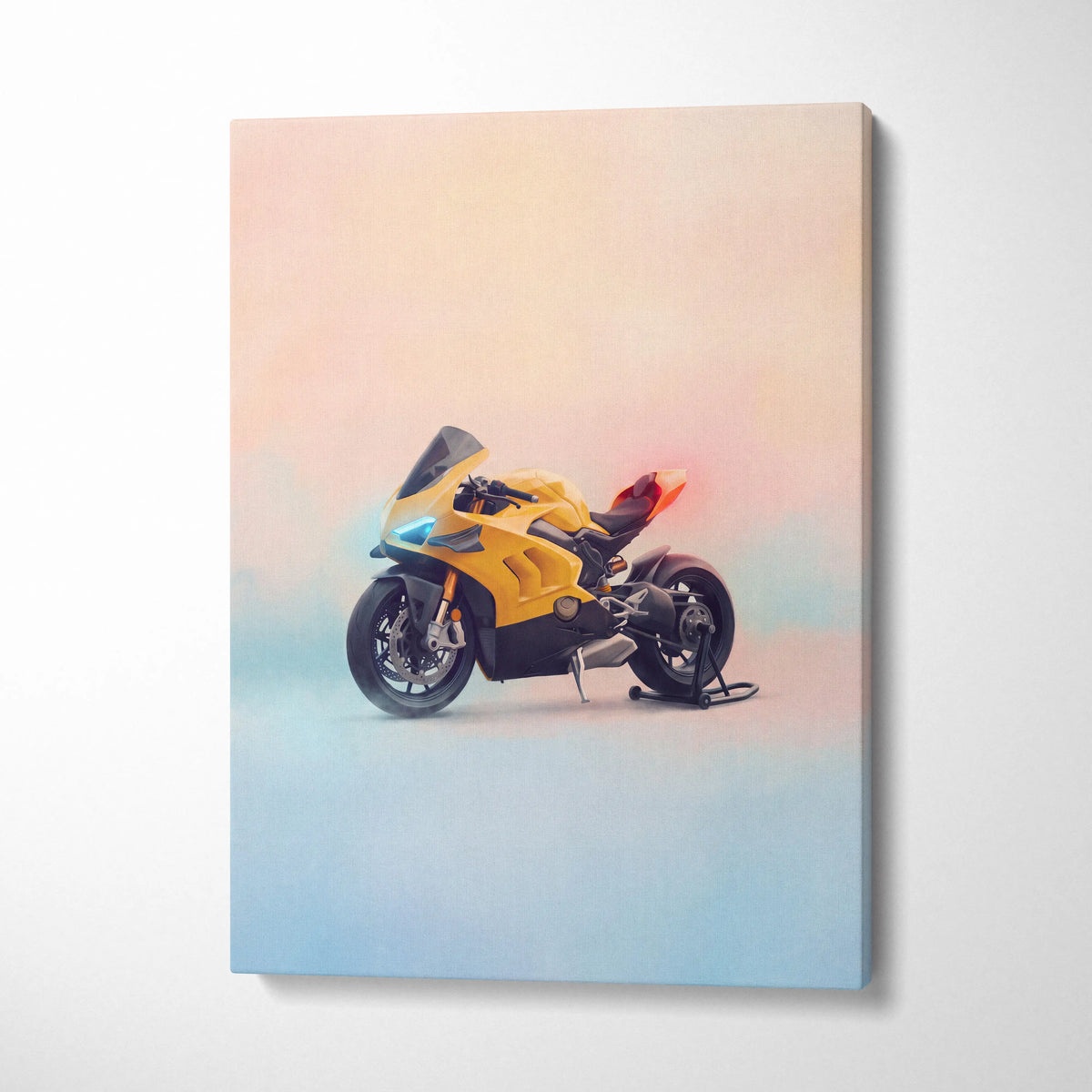Ducati Panigale V4 inspired canvas art featuring yellow and black motorcycle artwork for Italian garage decor