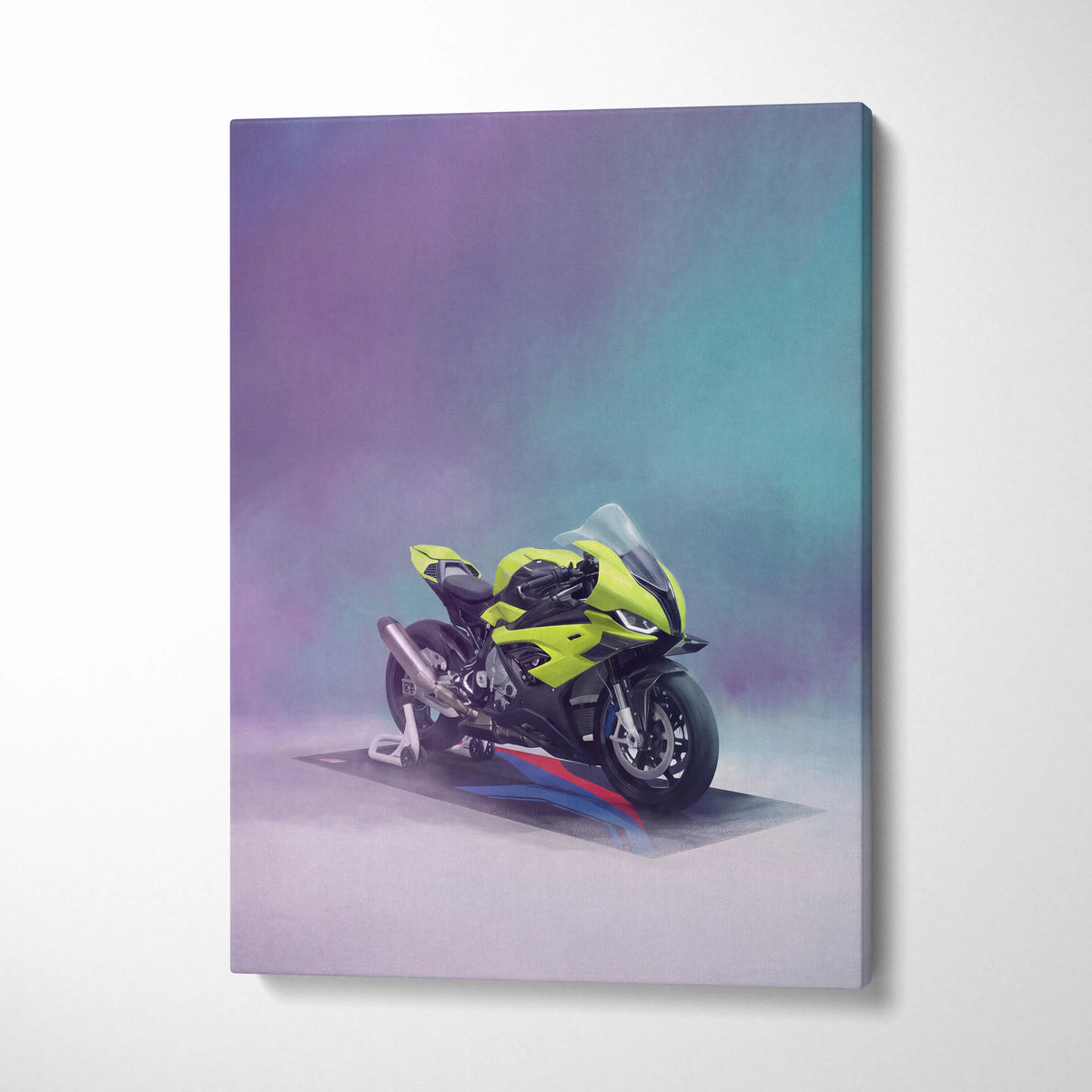 Vibrant lime green and black bmw s1000rr inspired sport bike canvas print with purple teal gradient background modern garage decor