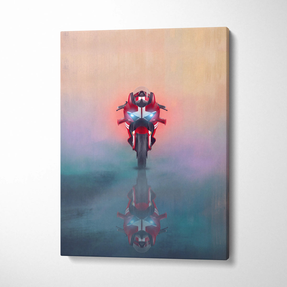 Red and white Ducati Panigale V4 inspired motorcycle with glowing blue headlights on racing bike canvas wall art