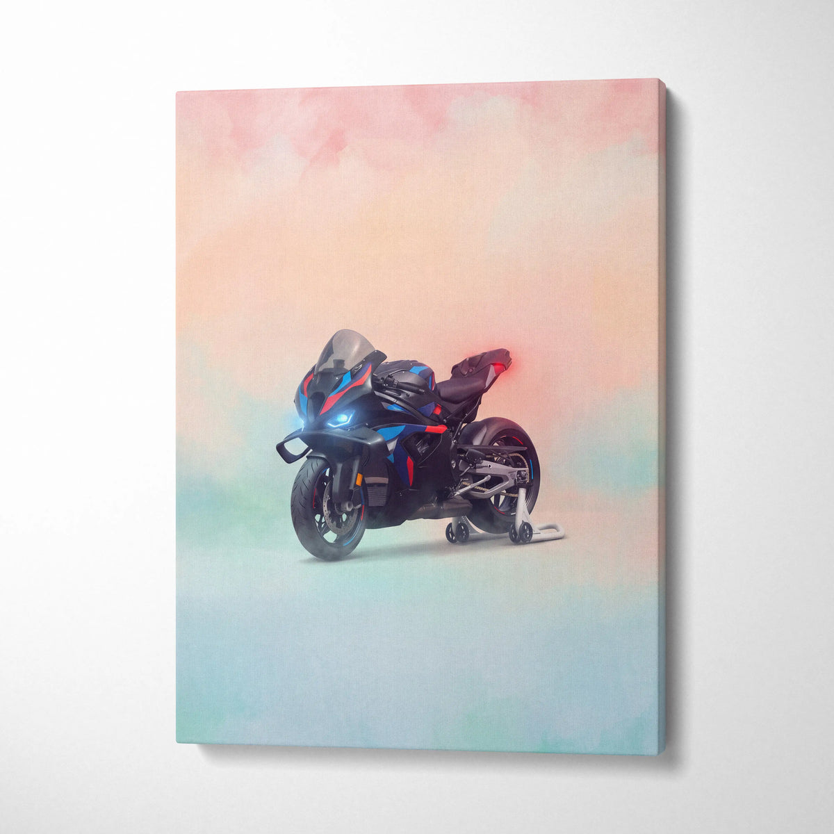 Bmw m1000rr inspired canvas art featuring black and blue sport motorcycle with red accents in stylized watercolor painting