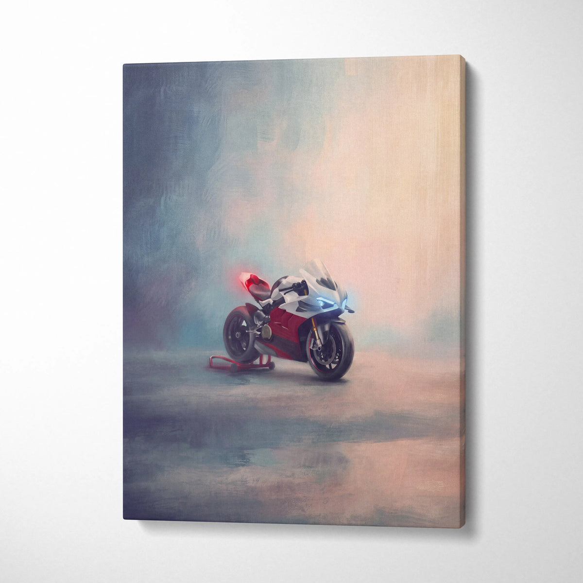 Red and white ducati panigale v4 inspired motorcycle painting on canvas for track superbike wall art and garage decor