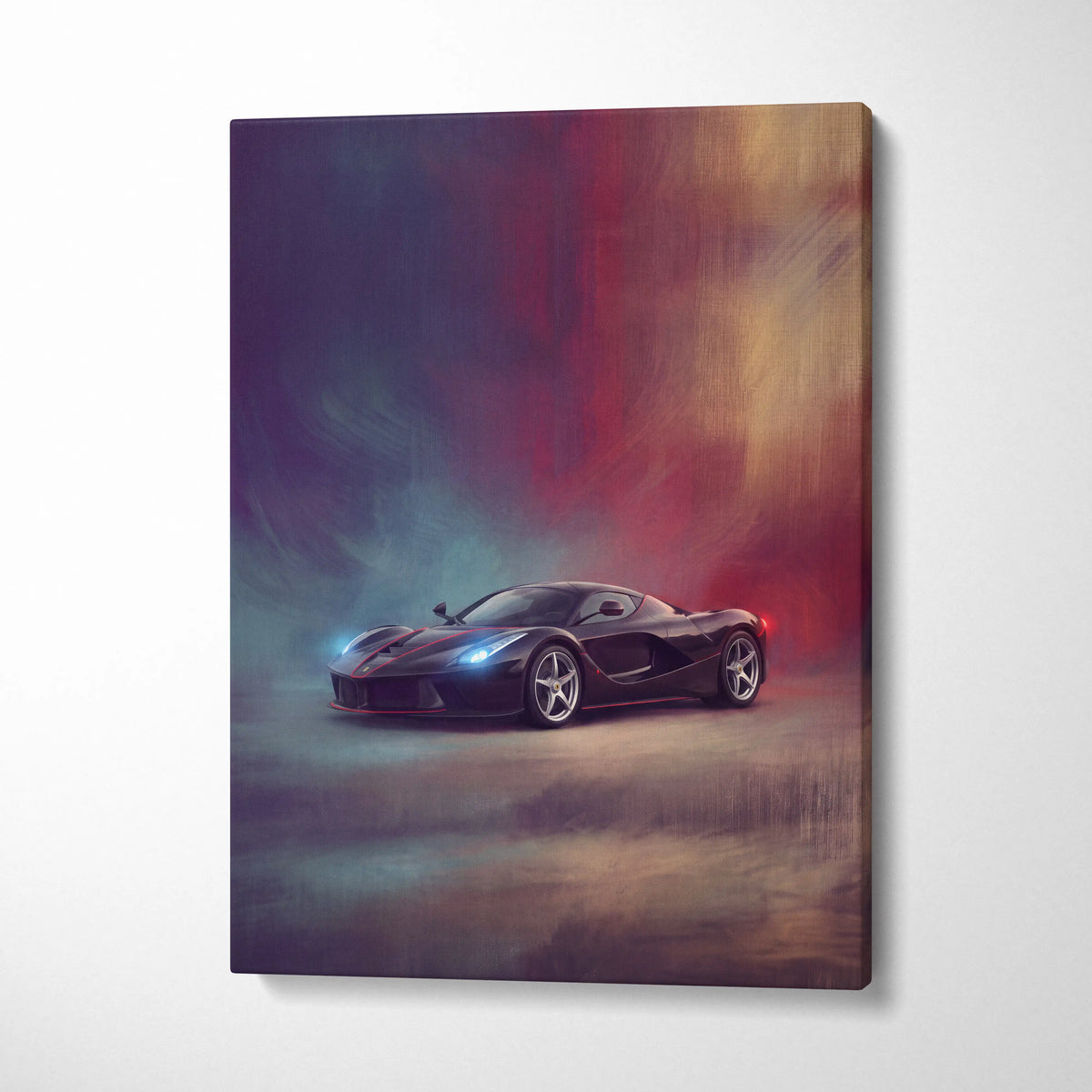Black Ferrari LaFerrari sports car canvas print with glowing blue headlights and red taillights on smoky background
