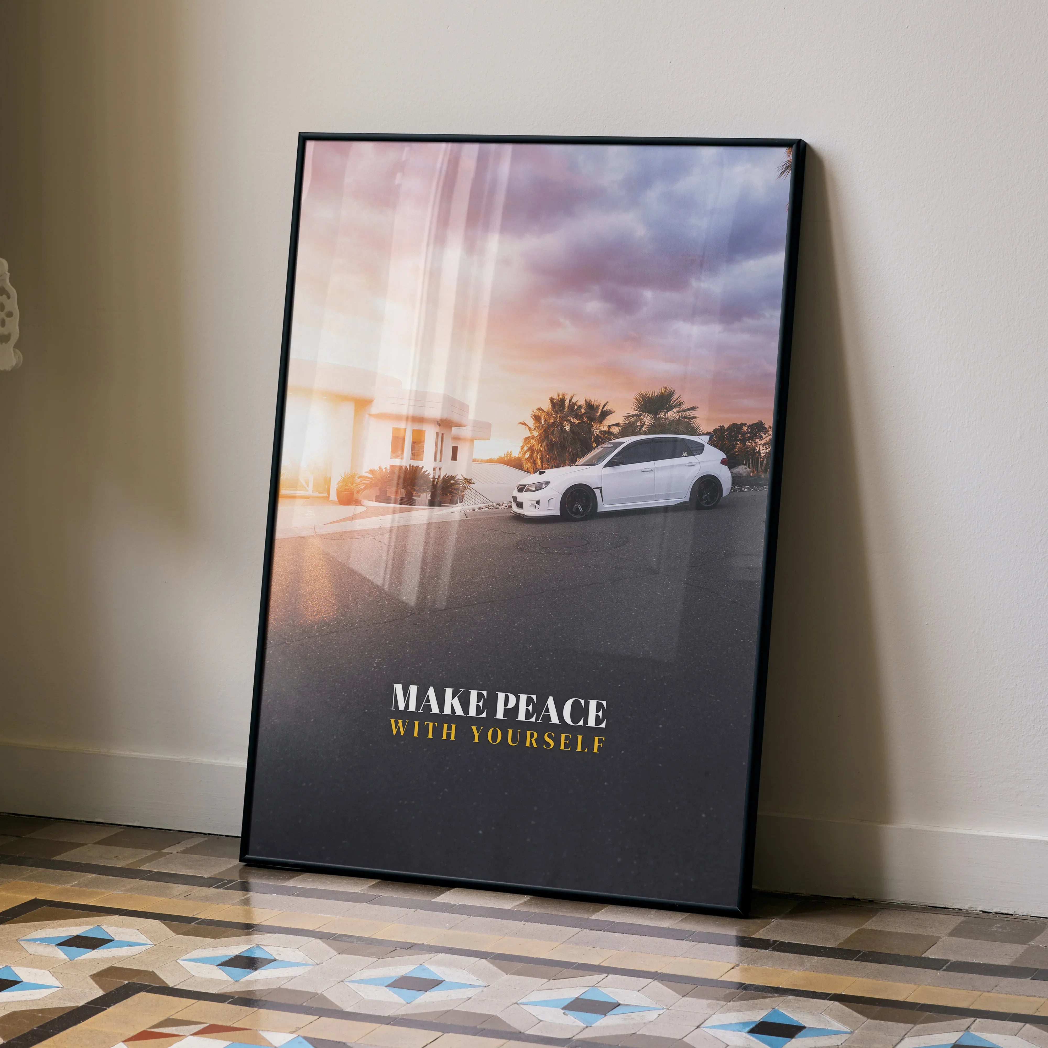Subaru WRX STI white car poster with sunset background and "Make Peace with Yourself" wall art text.