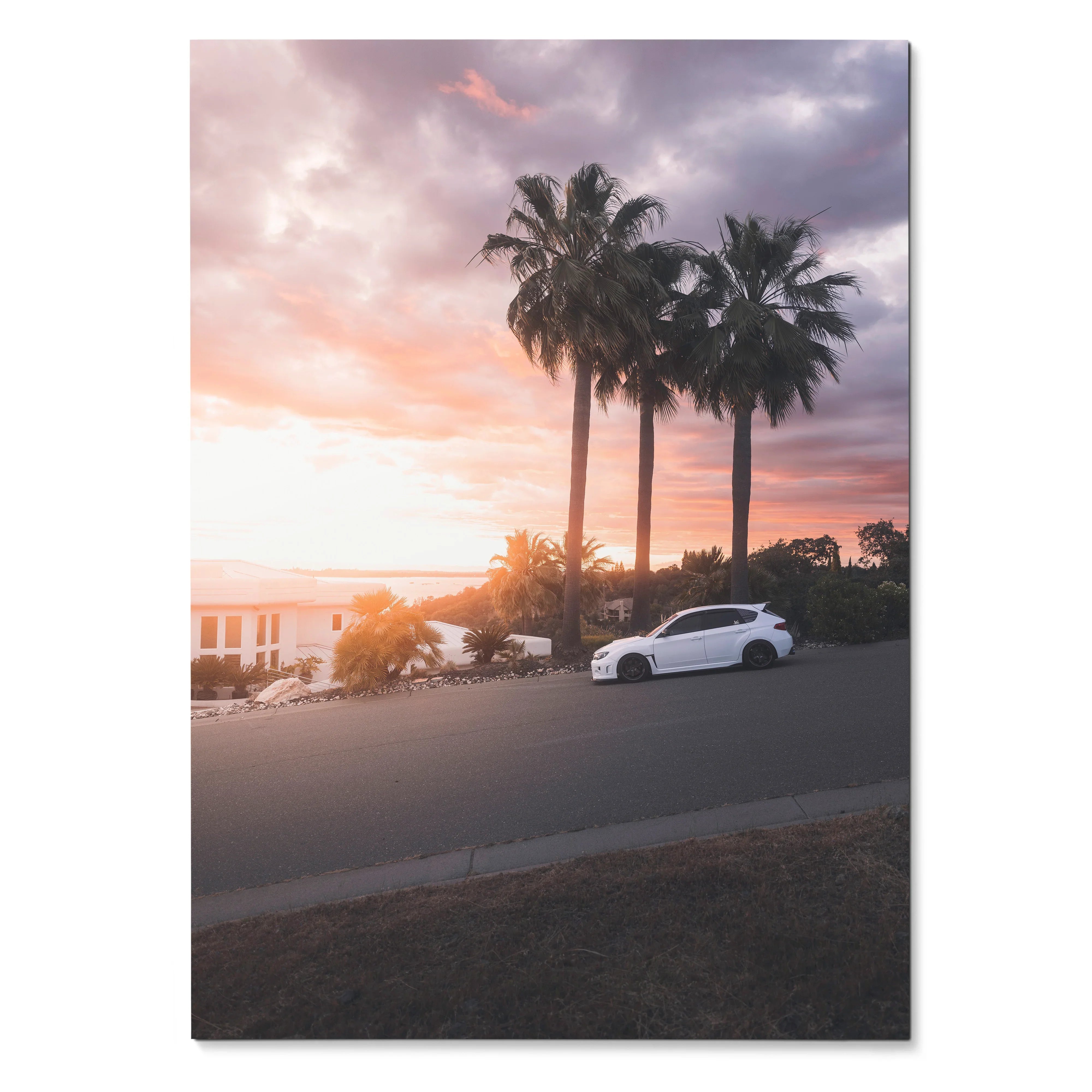 Subaru WRX STI car parked under palm trees at sunset poster wall art.