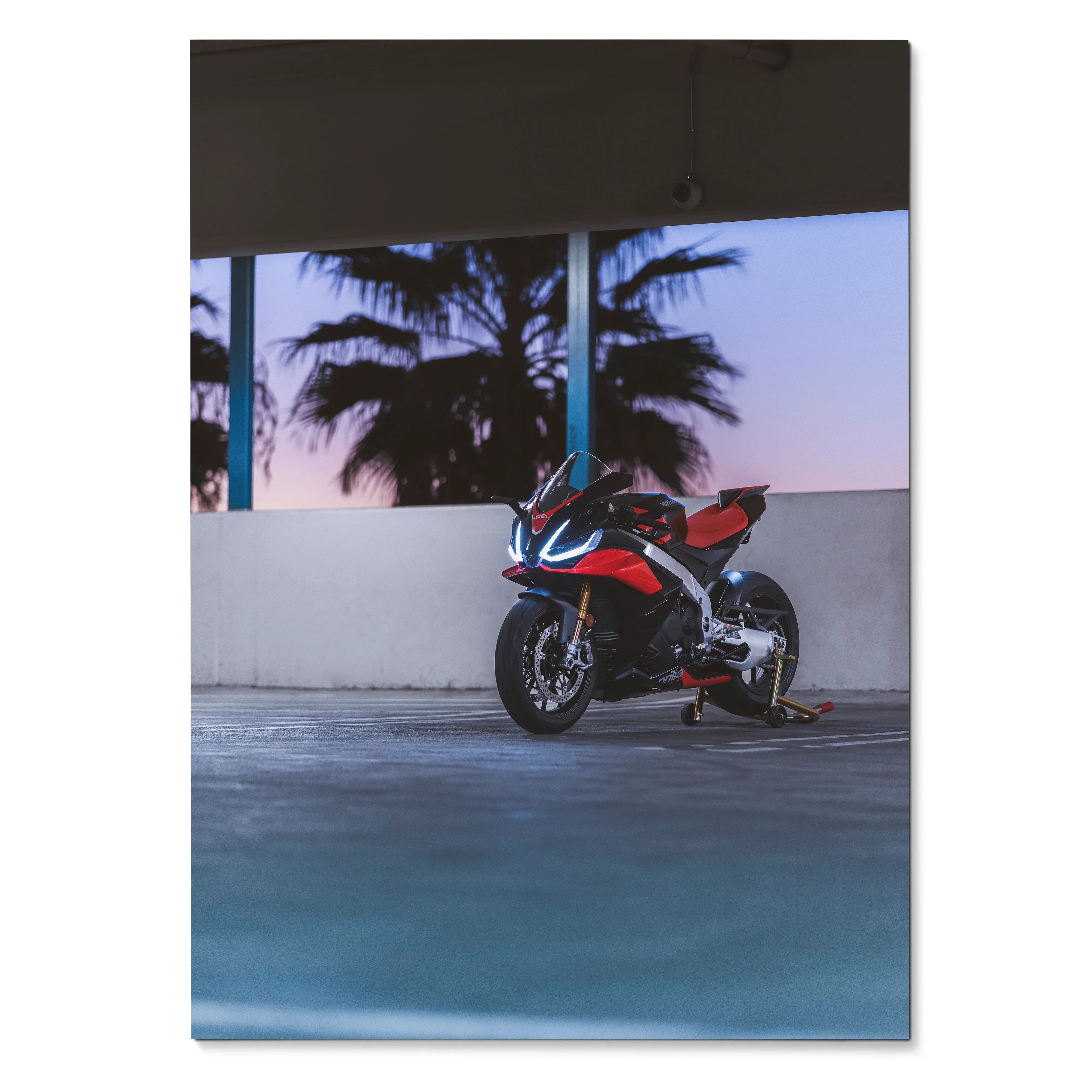 Aprilia RSV4 1100 Factory motorcycle poster with vibrant sunset and palm trees, wall art decor.