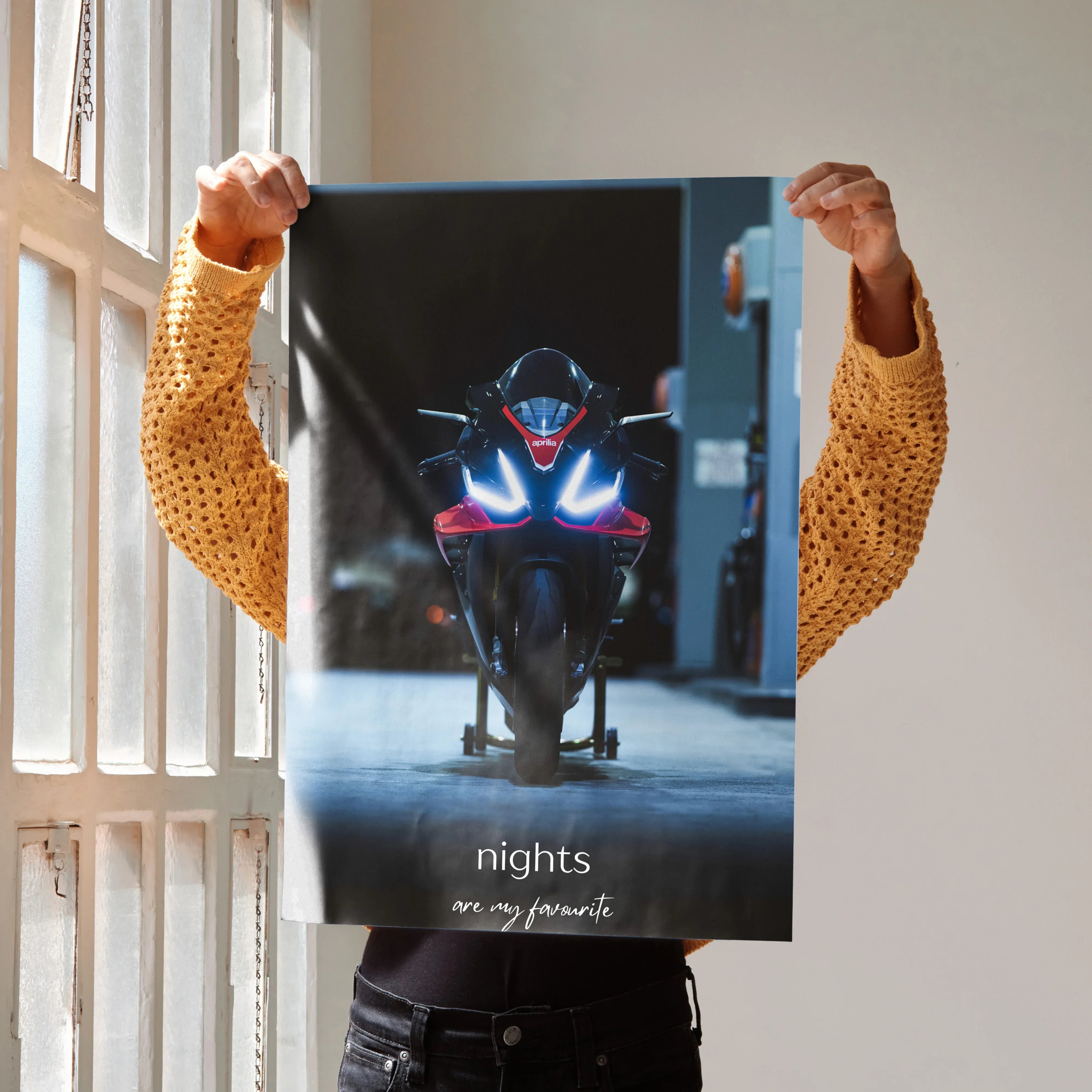 Aprilia RSV4 1100 Factory motorcycle poster wall art with glowing headlights at night.