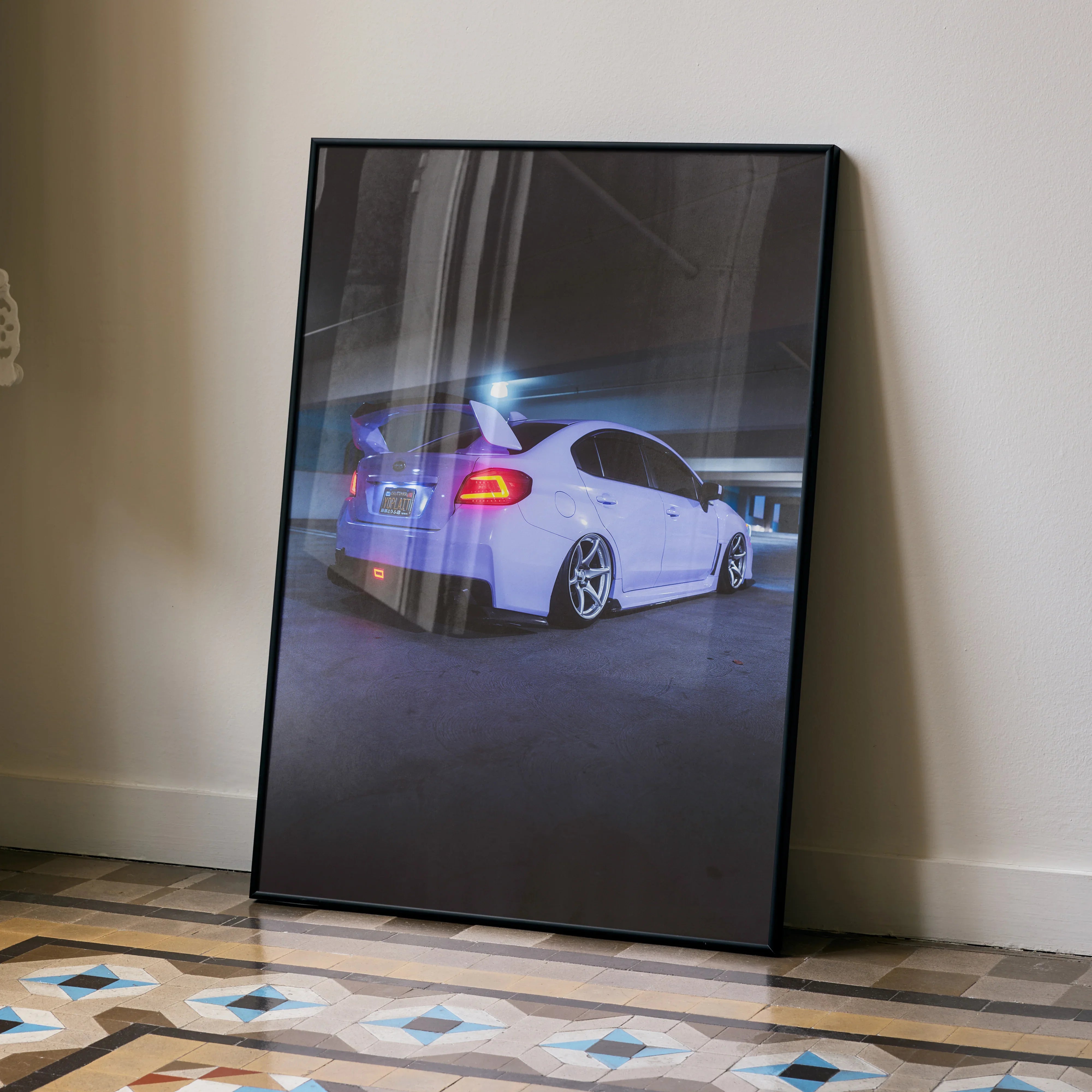 Subaru WRX poster with rear view of white car under dim lighting, sleek automotive wall art.