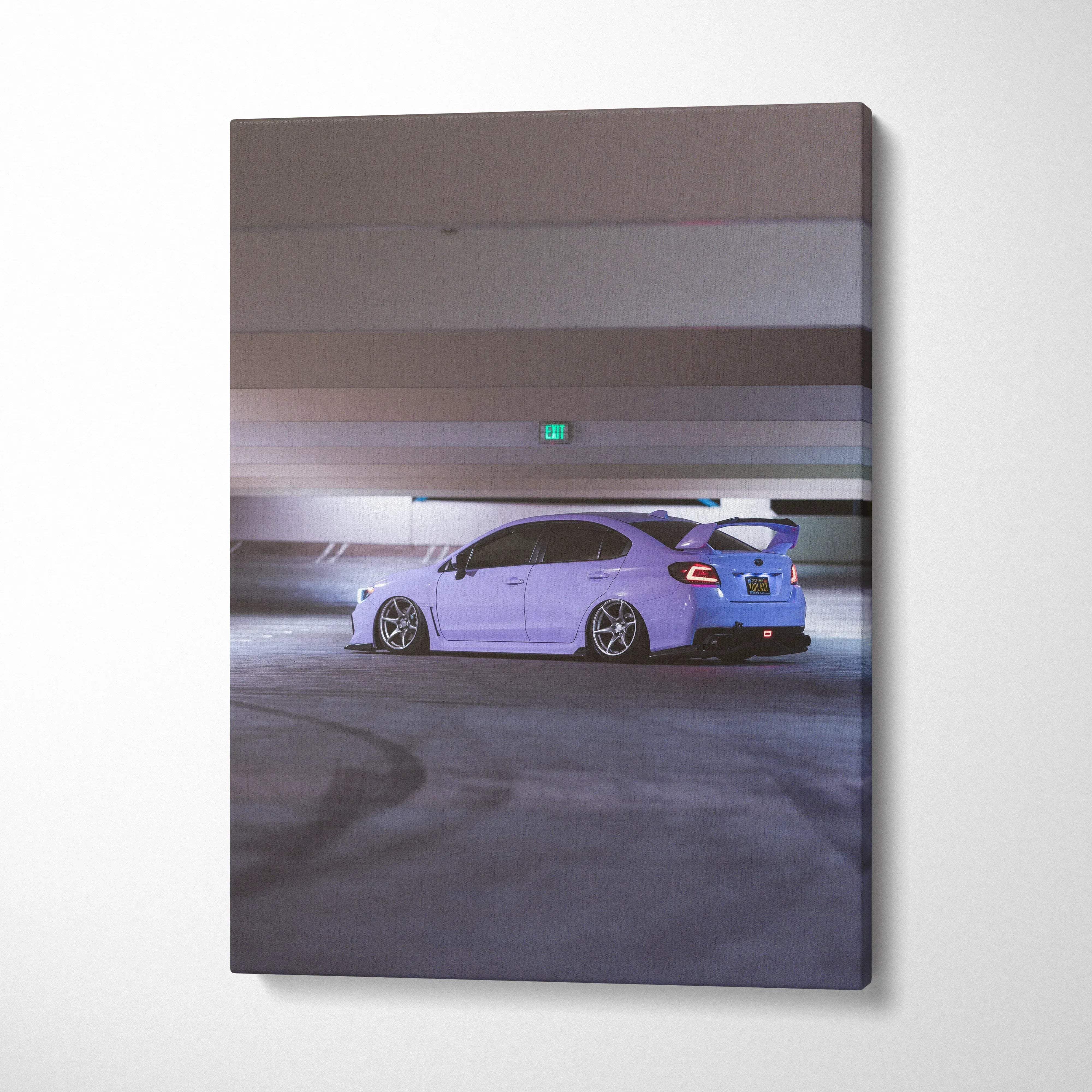 Purple subaru wrx sti canvas wall art featuring a low profile modified sports car with aftermarket wheels and rear spoiler