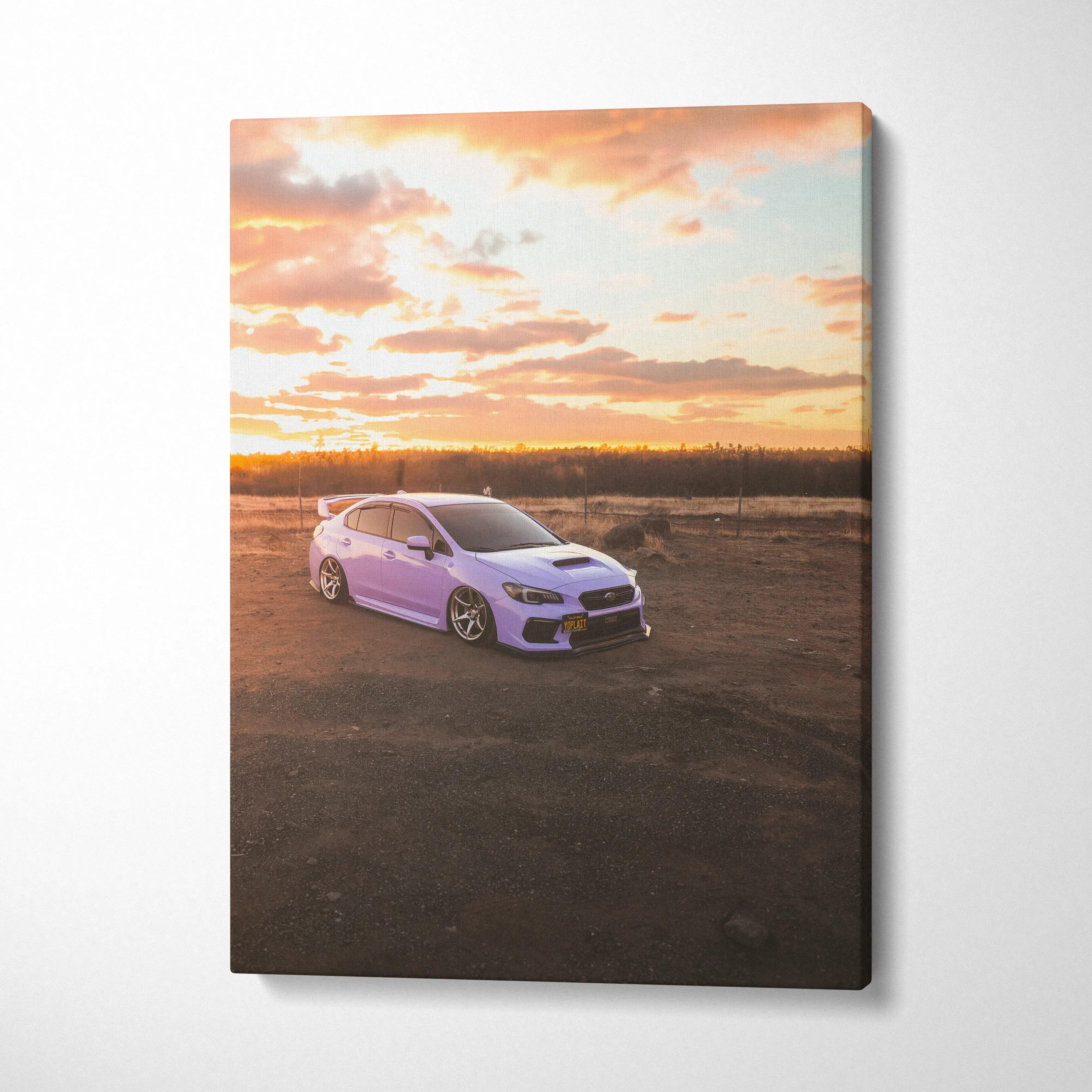 Subaru WRX at sunset on vertical canvas wall art with warm sky and detailed foreground.