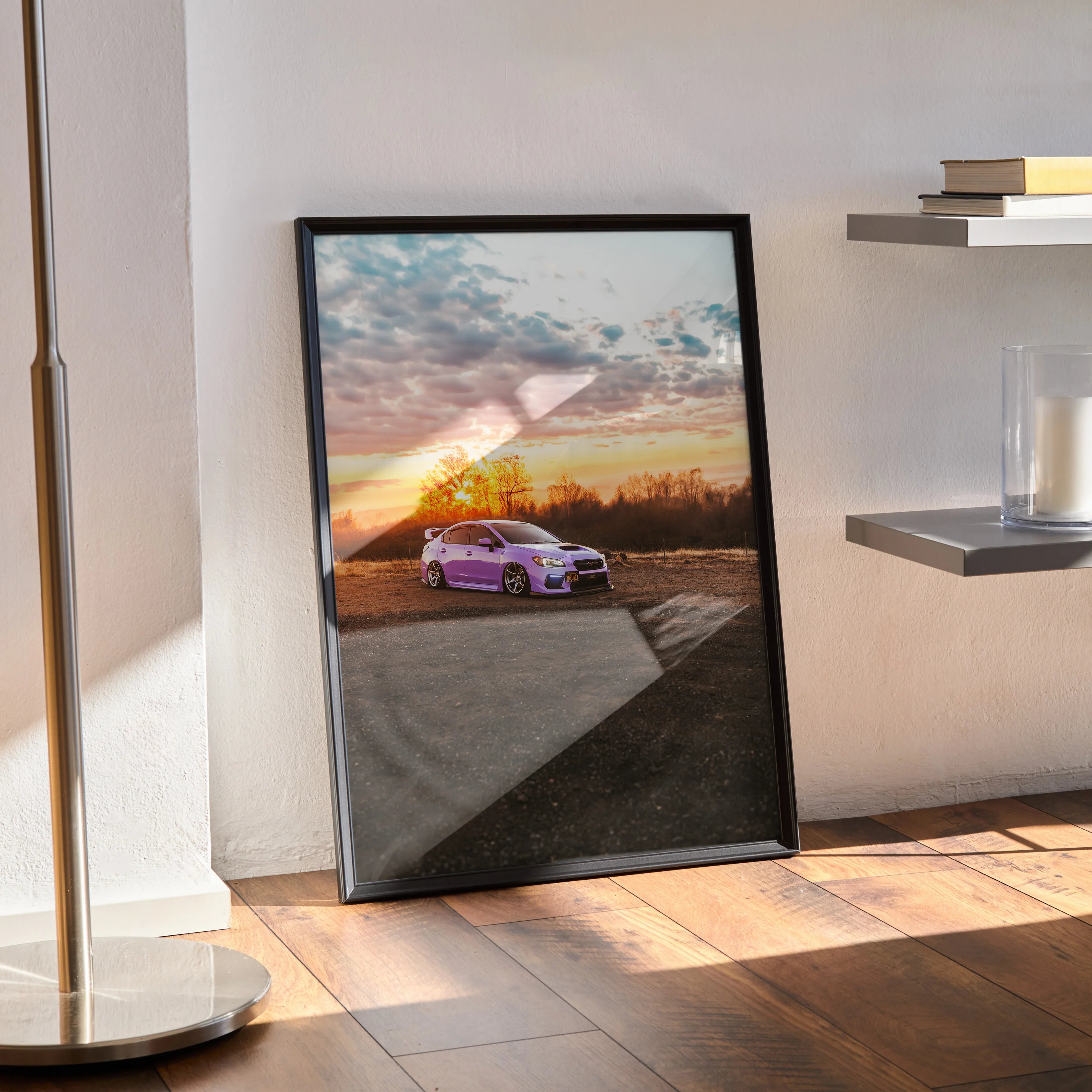 Subaru WRX parked at sunset with colorful sky poster wall art in black frame.