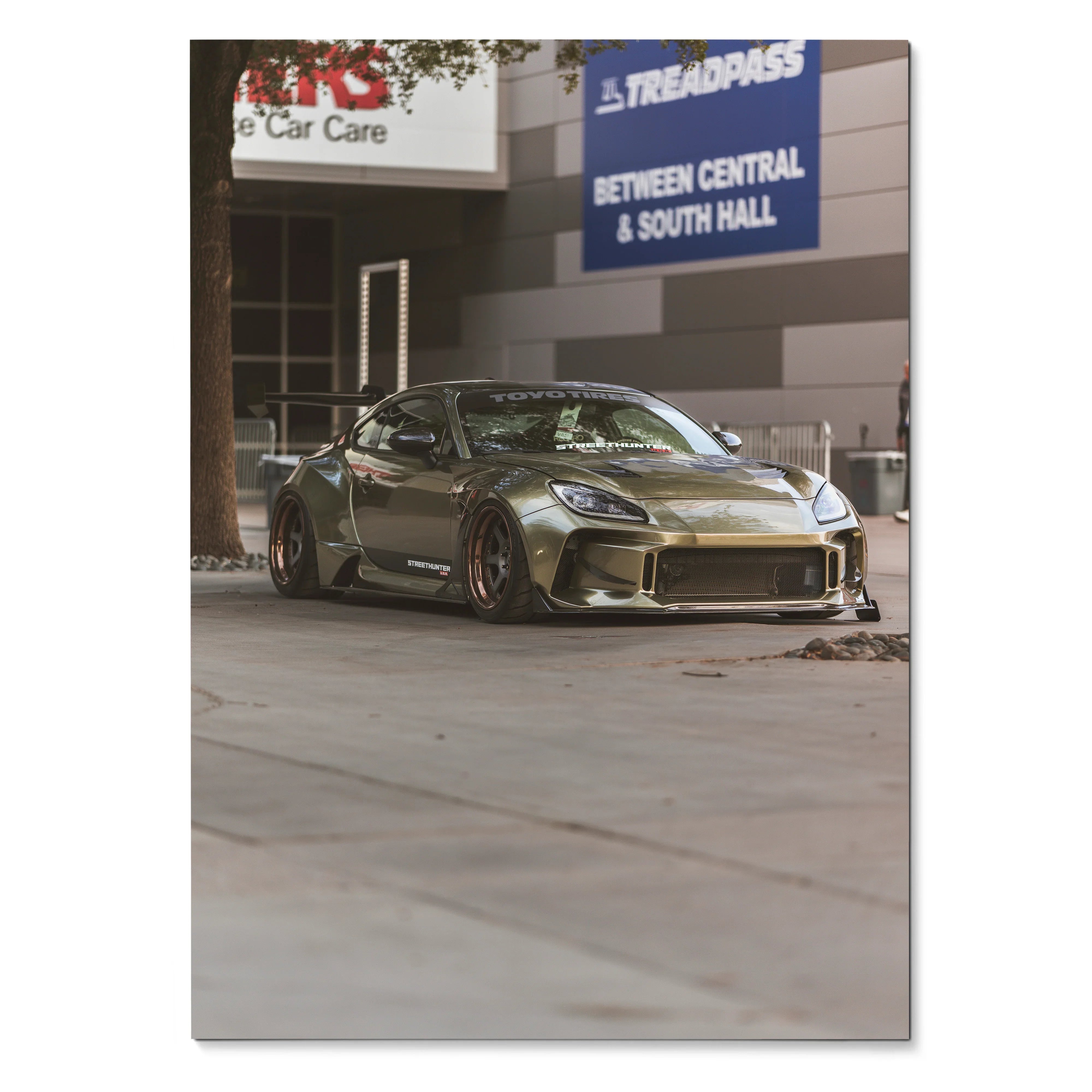 Subaru BRZ sports car in metallic green parked indoors vintage style poster wall art.