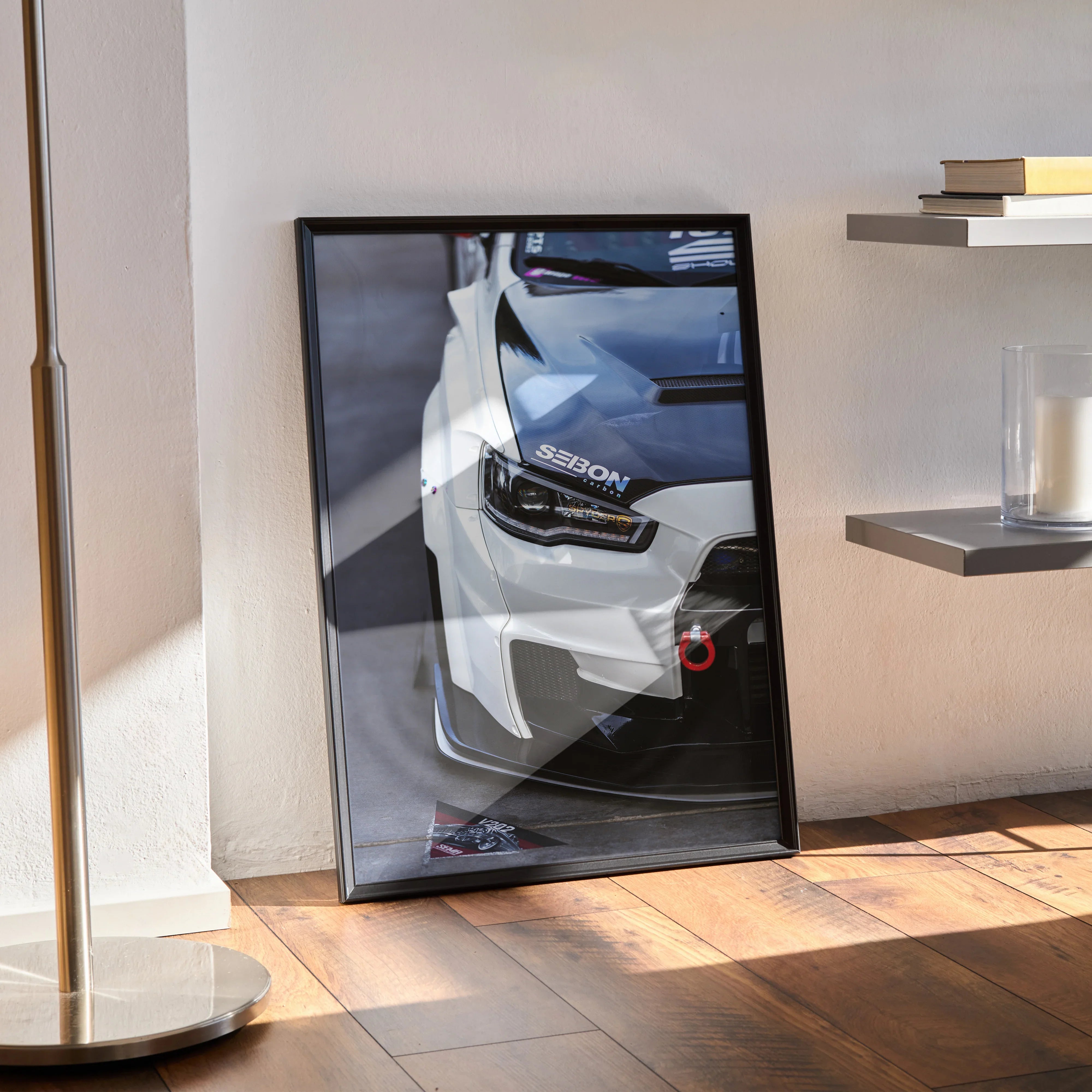 Mitsubishi Evo 10 front close-up poster with sleek white car design wall art in black frame.