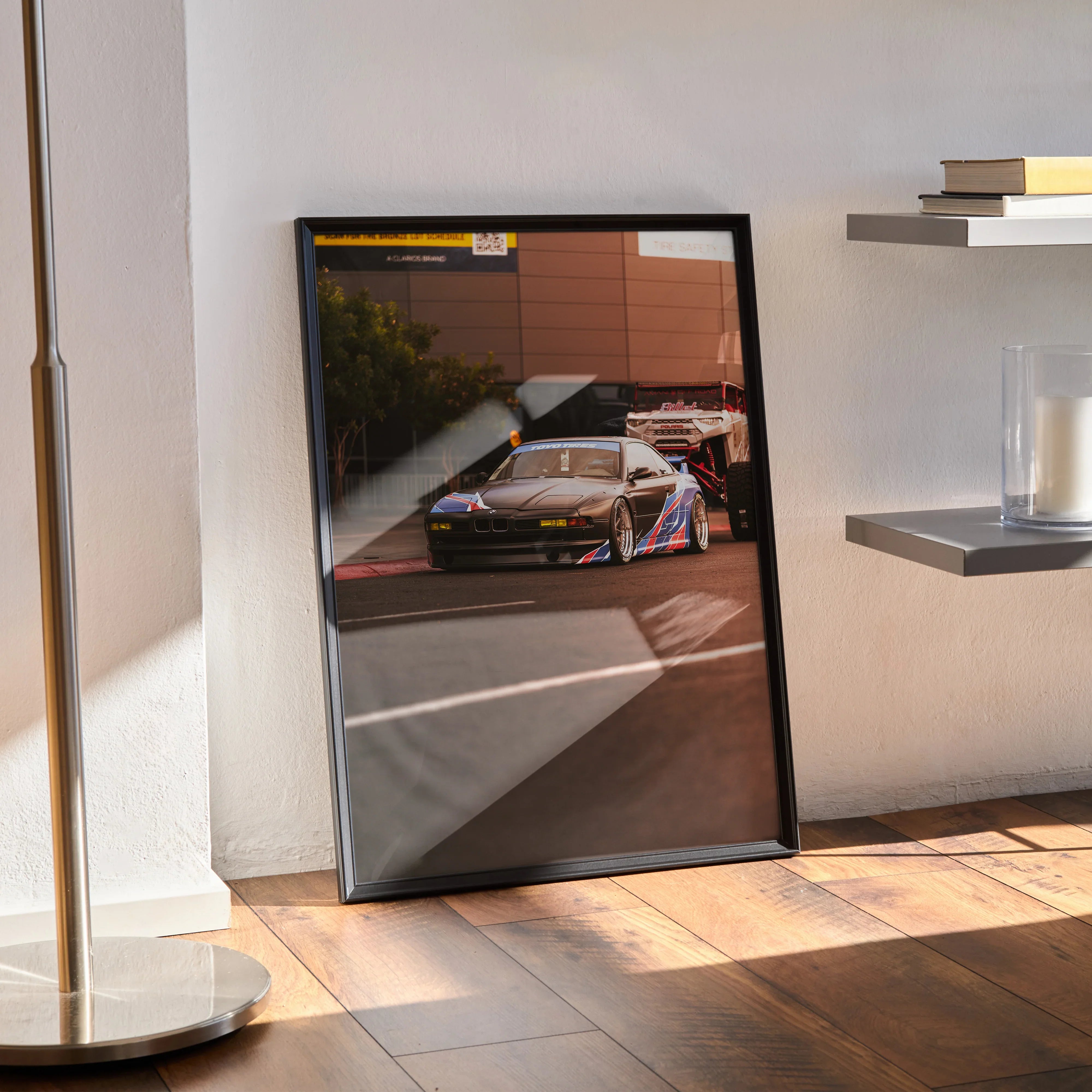 BMW E31 850ci racing car poster leaning against wall, high-resolution automotive wall art.