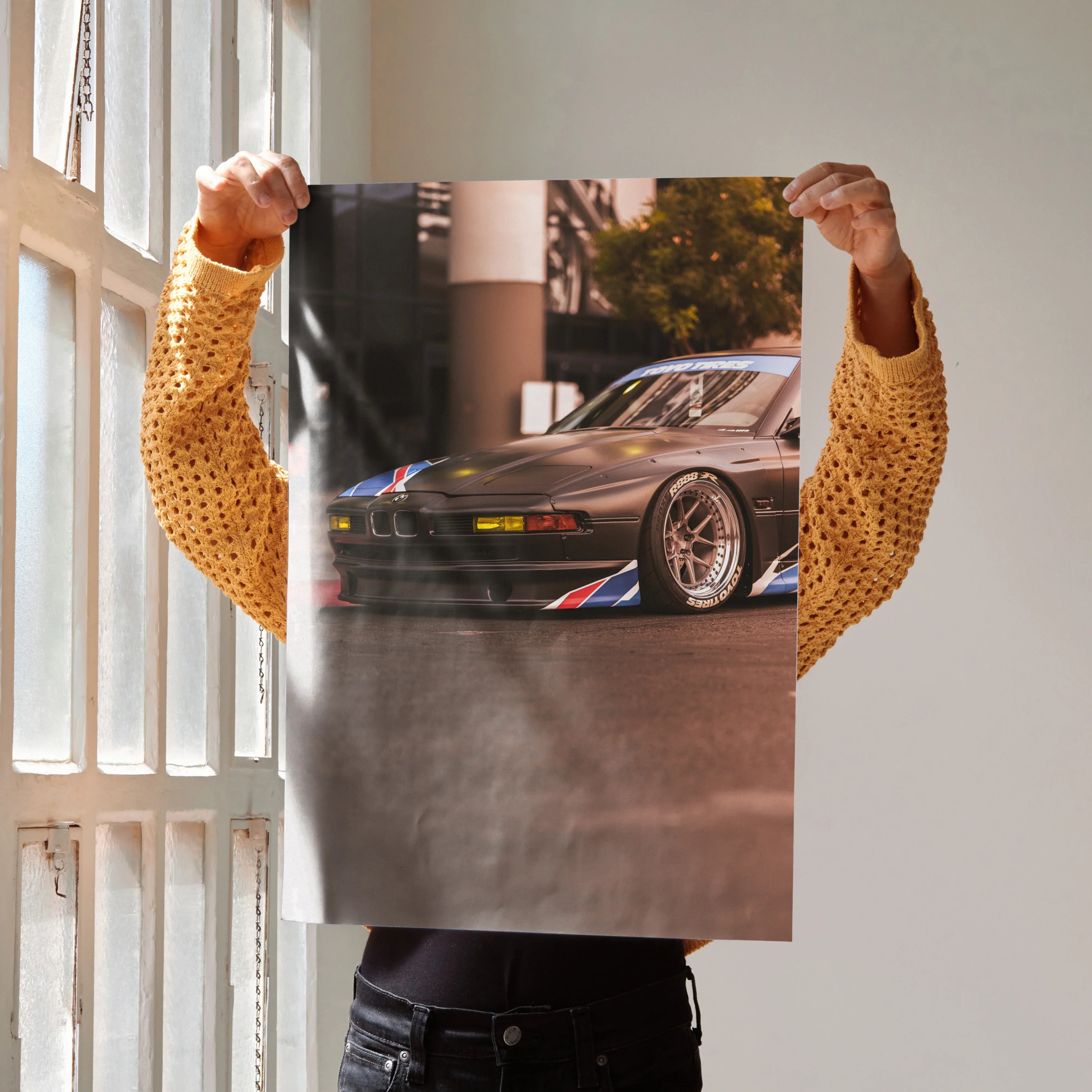 BMW E31 850ci parked street scene poster wall art with detailed front and side view.