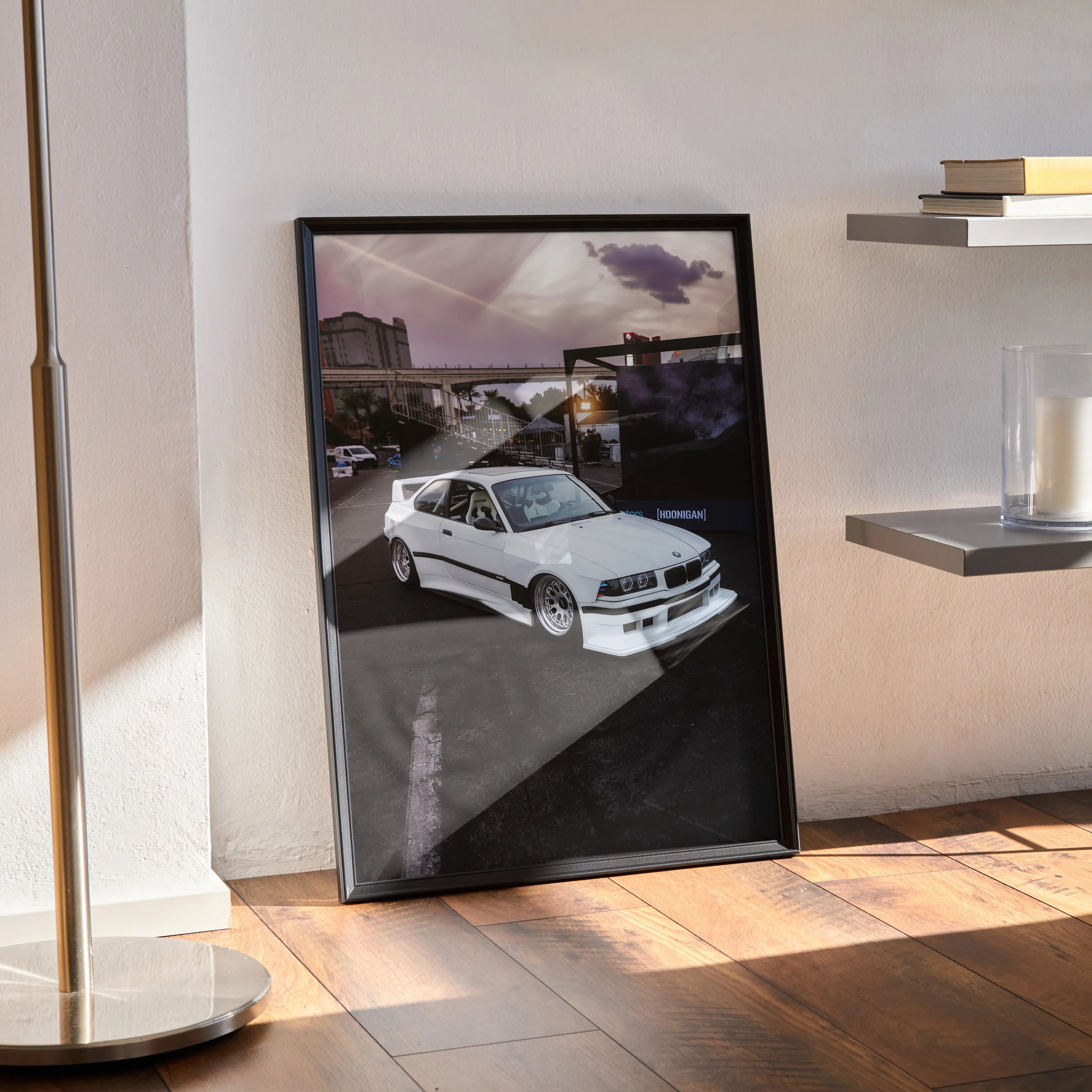 BMW E36 M3 performance art poster leaning against wall, modern room wall art.