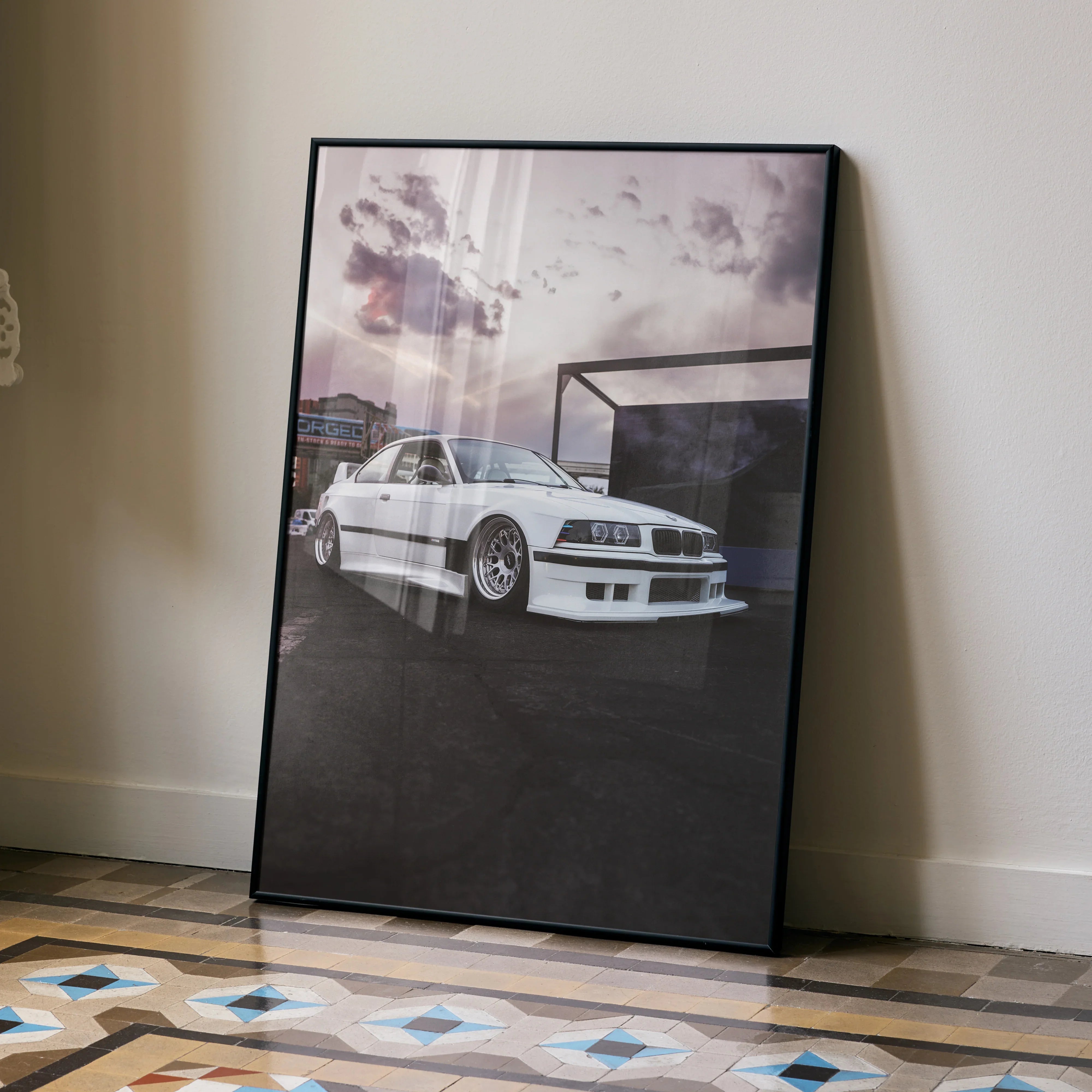 BMW E36 M3 white sports car poster with urban background, modern automotive wall art.