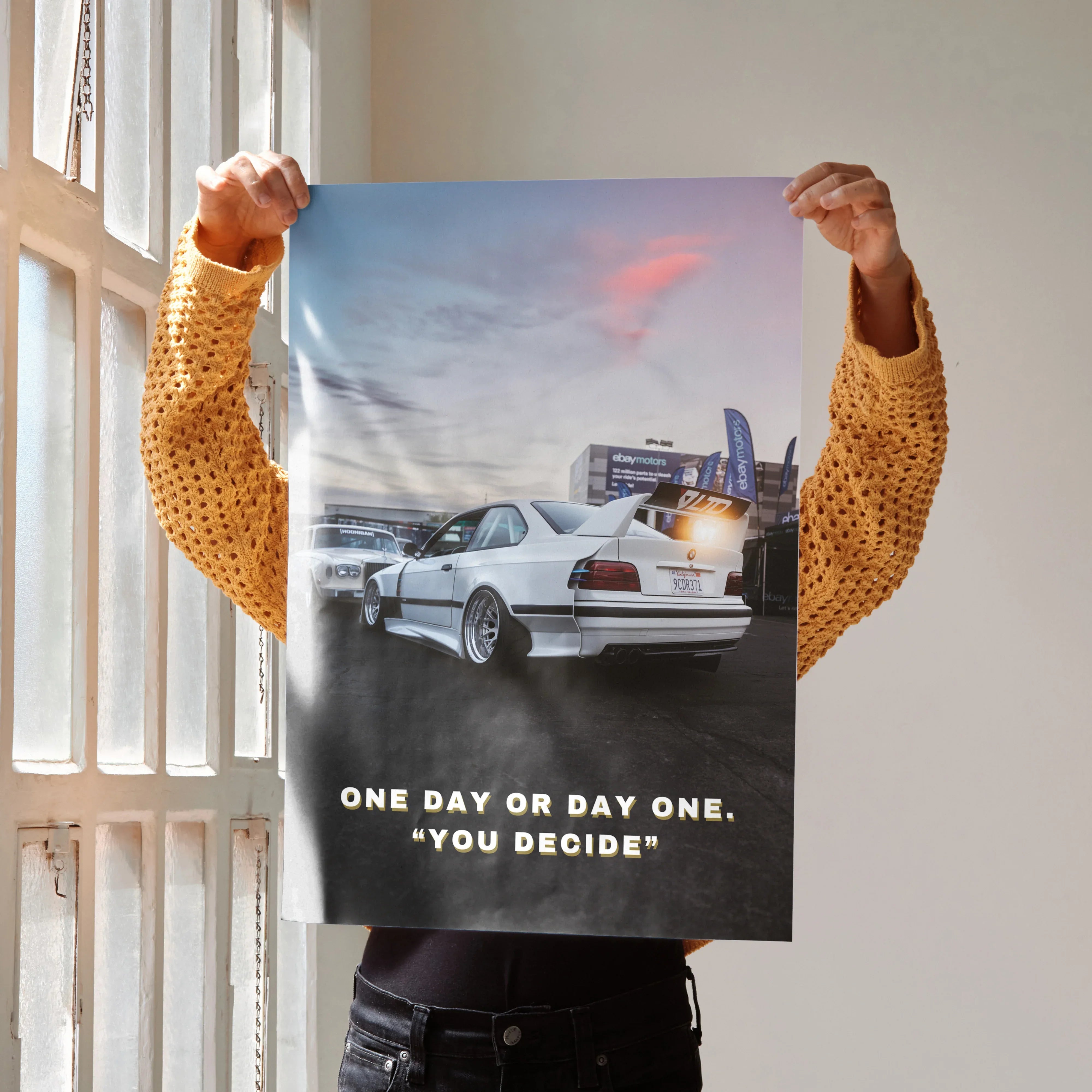 BMW E36 M3 poster wall art with motivational text "One day or day one, you decide".
