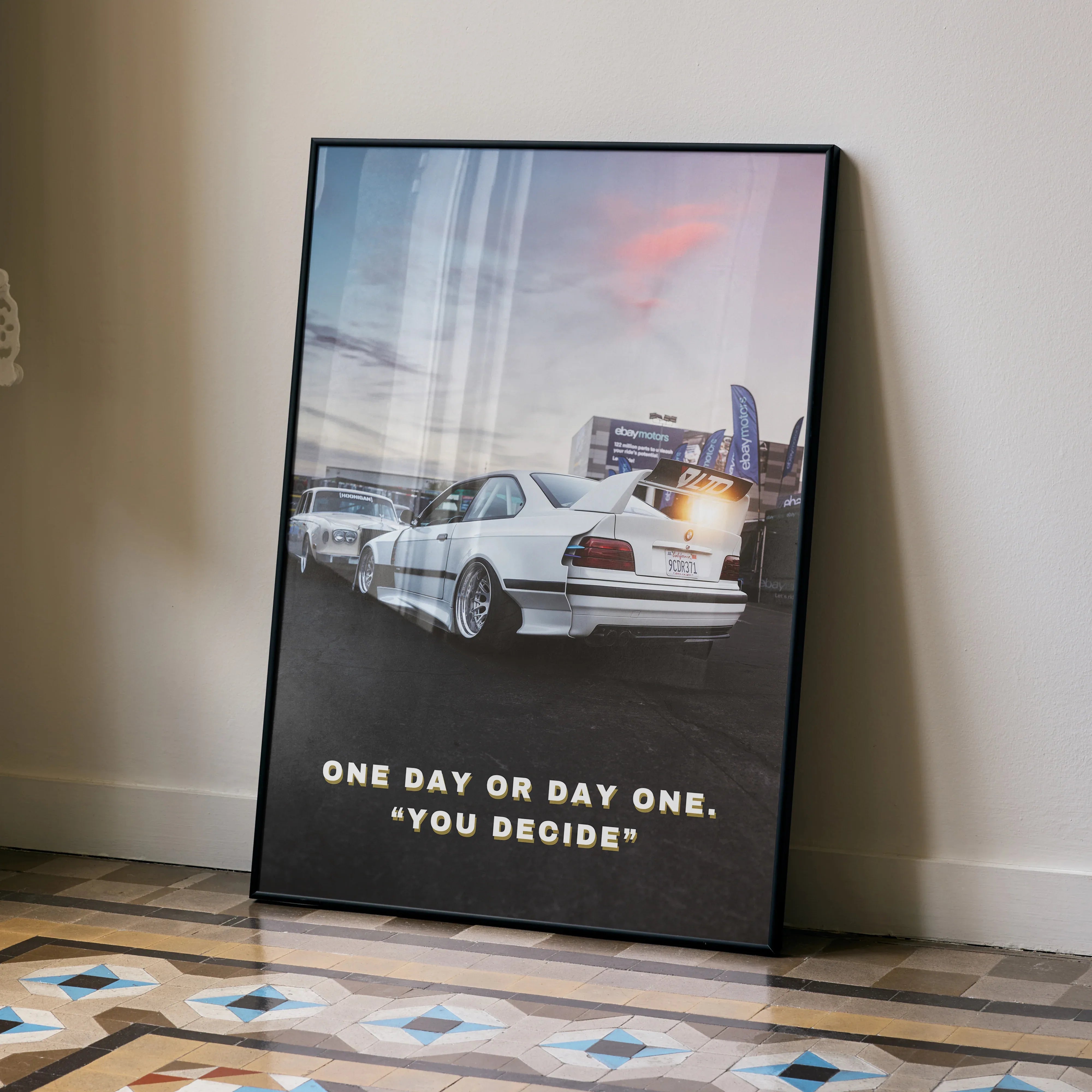 BMW E36 M3 parked on racetrack with inspirational text motivational poster wall art.