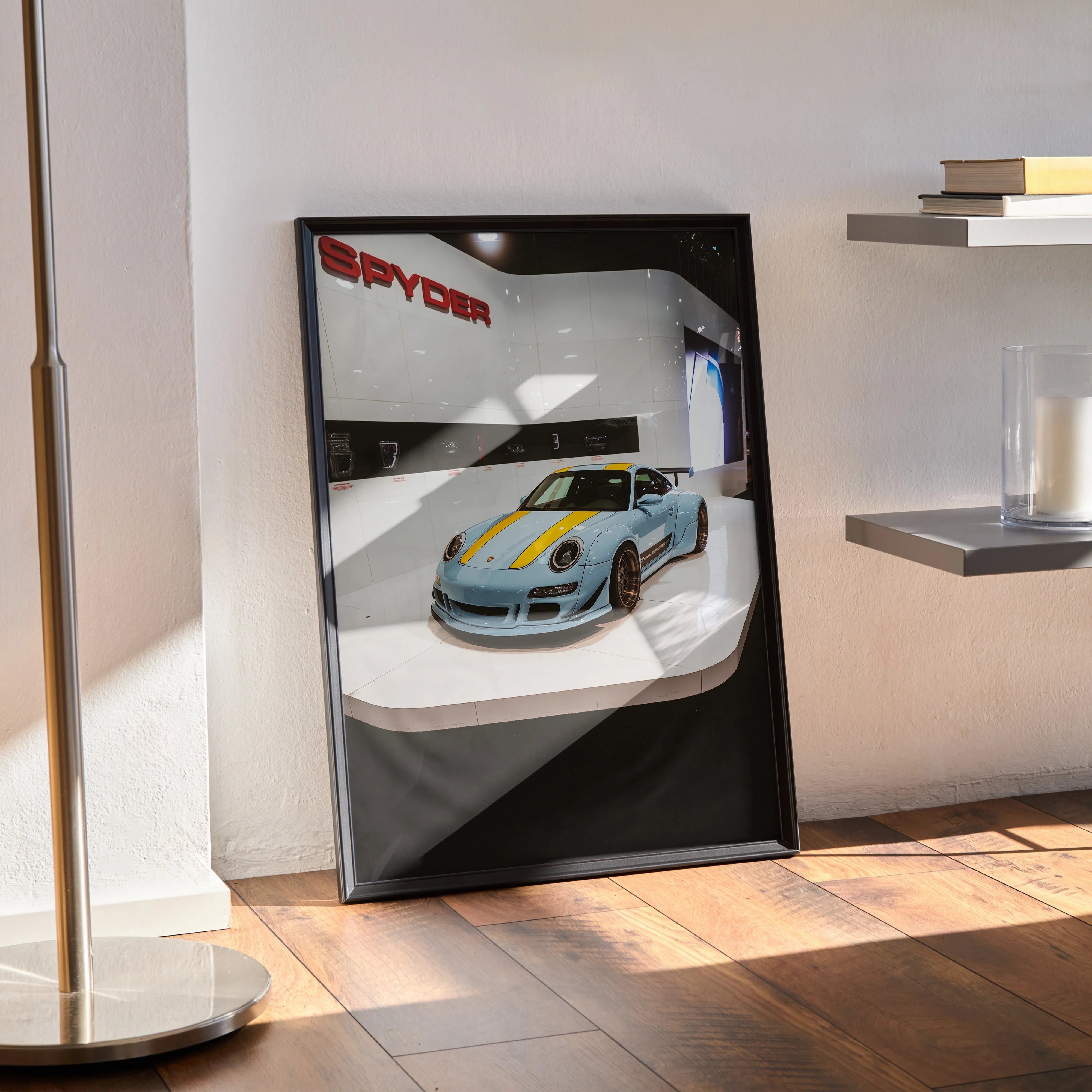 Porsche 911 Carrera 4 high resolution poster with sleek silver car and yellow stripe, modern wall art.