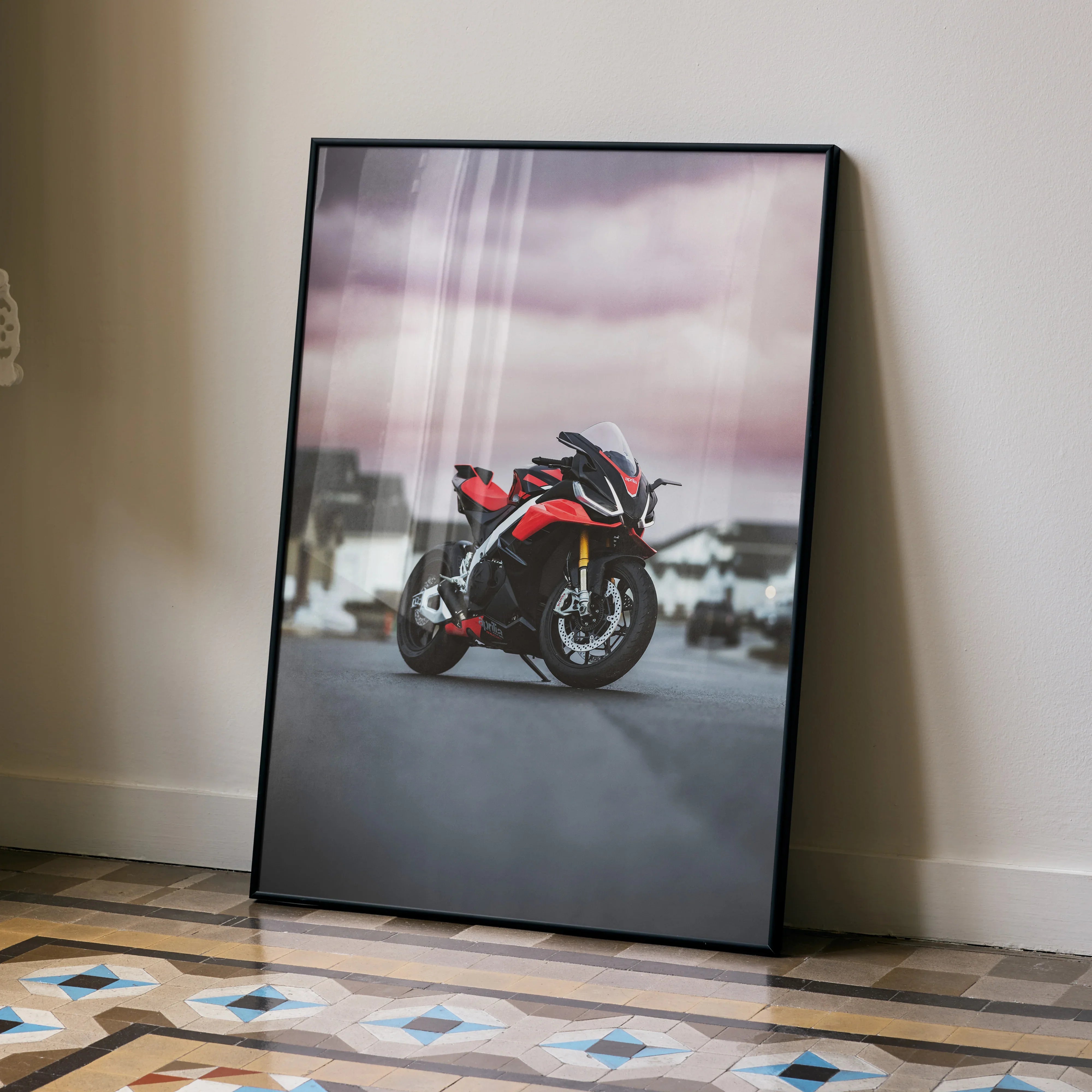 Aprilia RSV4 1100 Factory motorcycle poster with red and black sportbike on urban street wall art.