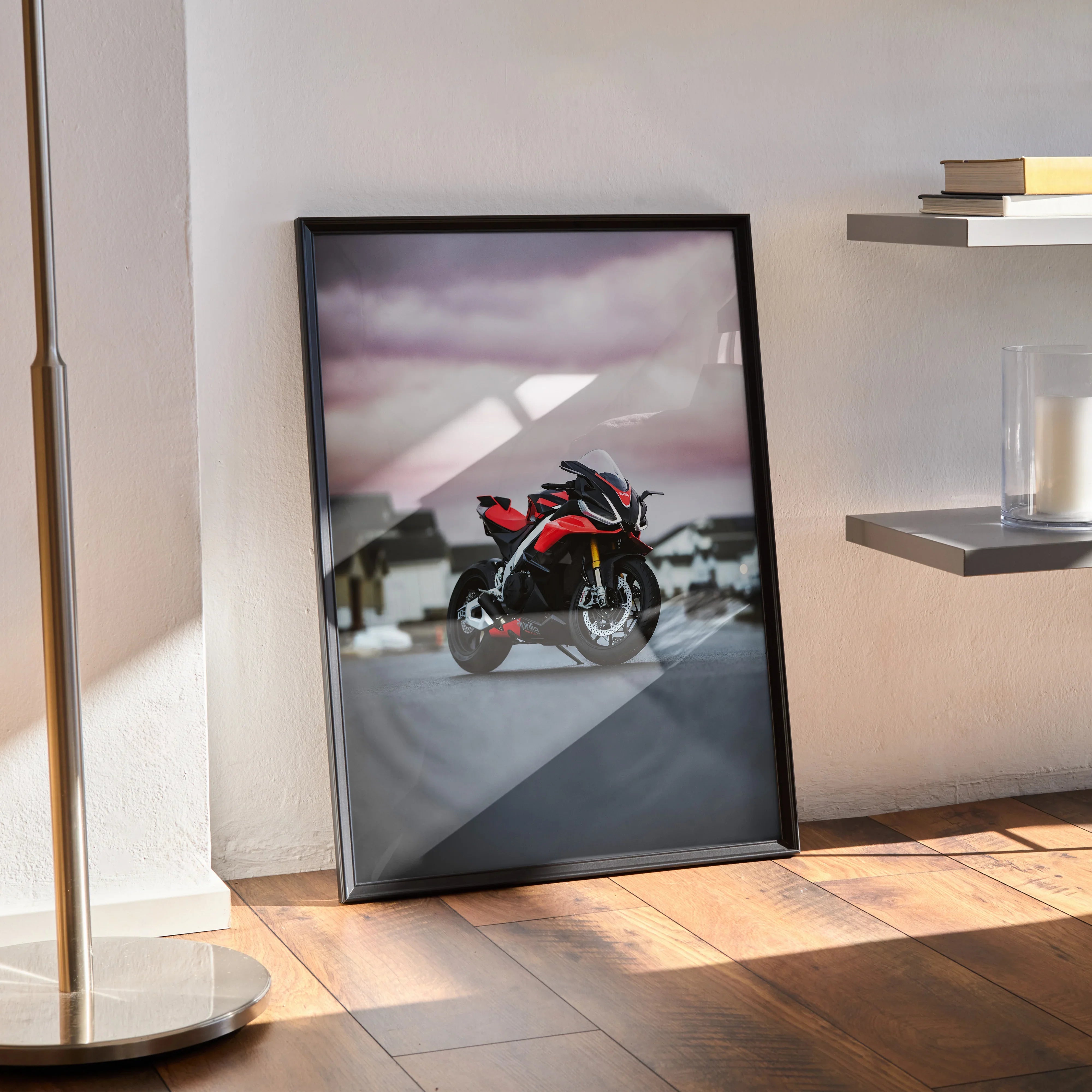 Aprilia RSV4 1100 Factory motorcycle poster with red and black bike in shadowed outdoor setting wall art.