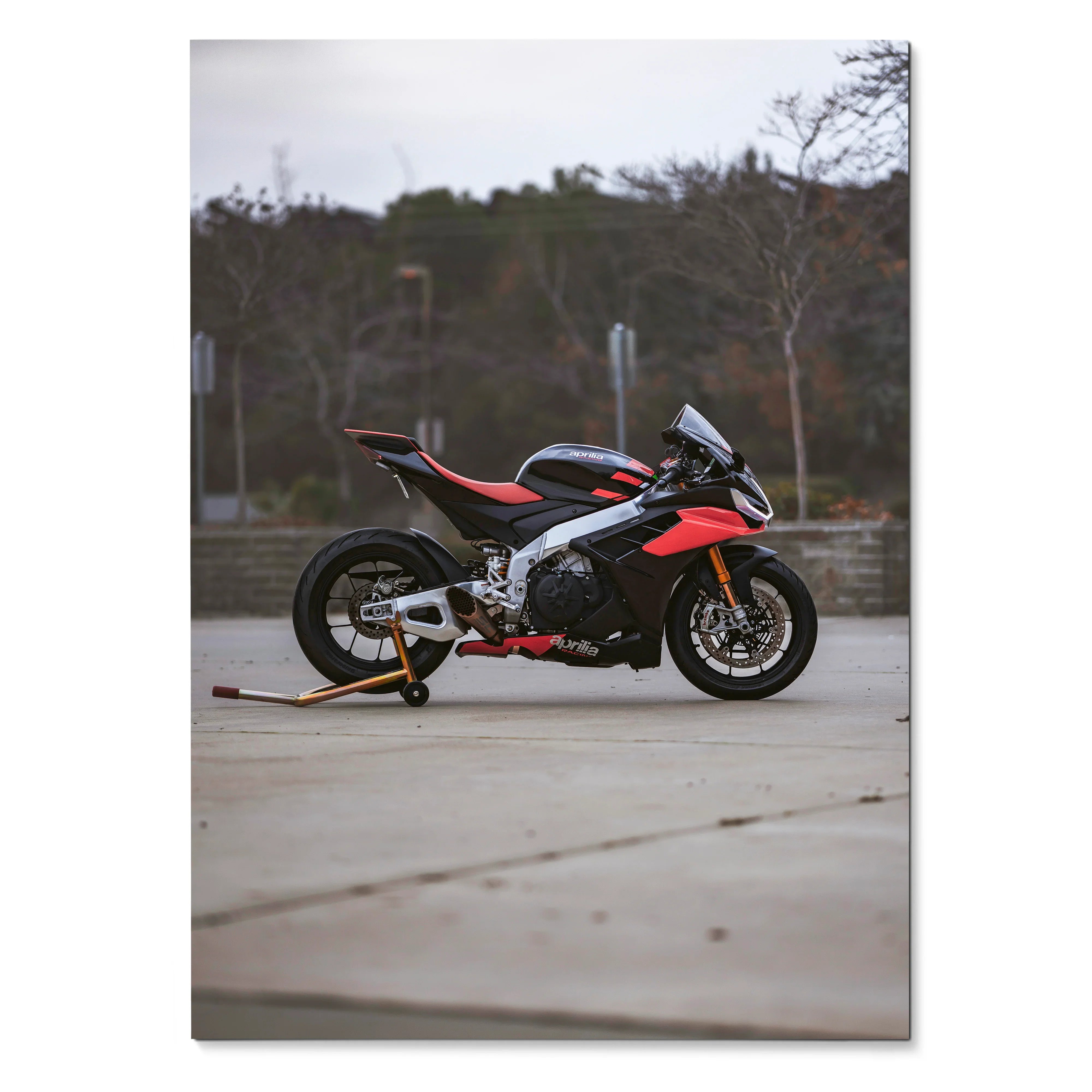 Aprilia RSV4 1100 Factory motorcycle poster with red and black racing design wall art.