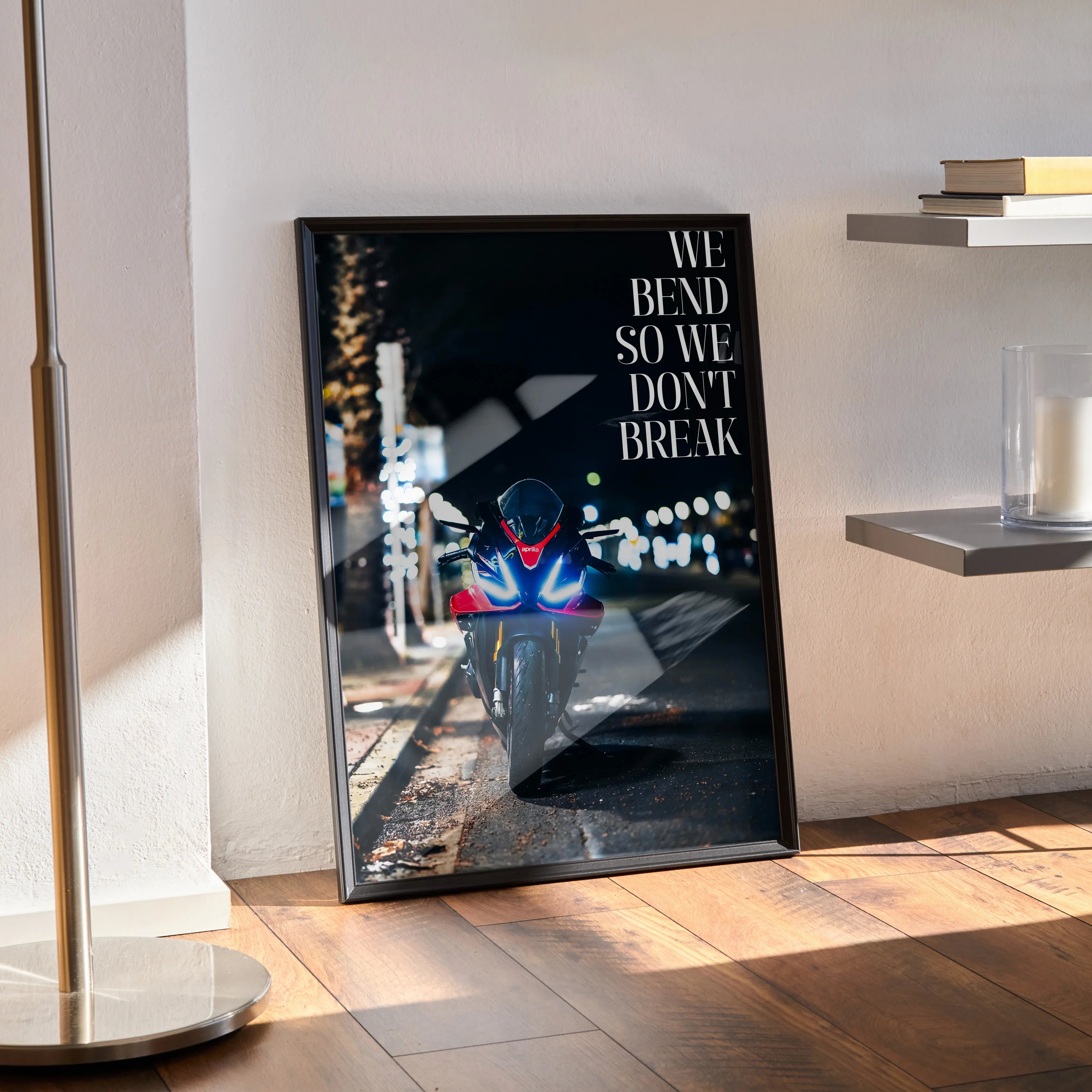 Motivational poster wall art featuring Aprilia RSV4 1100 Factory motorcycle with bold text on black background.