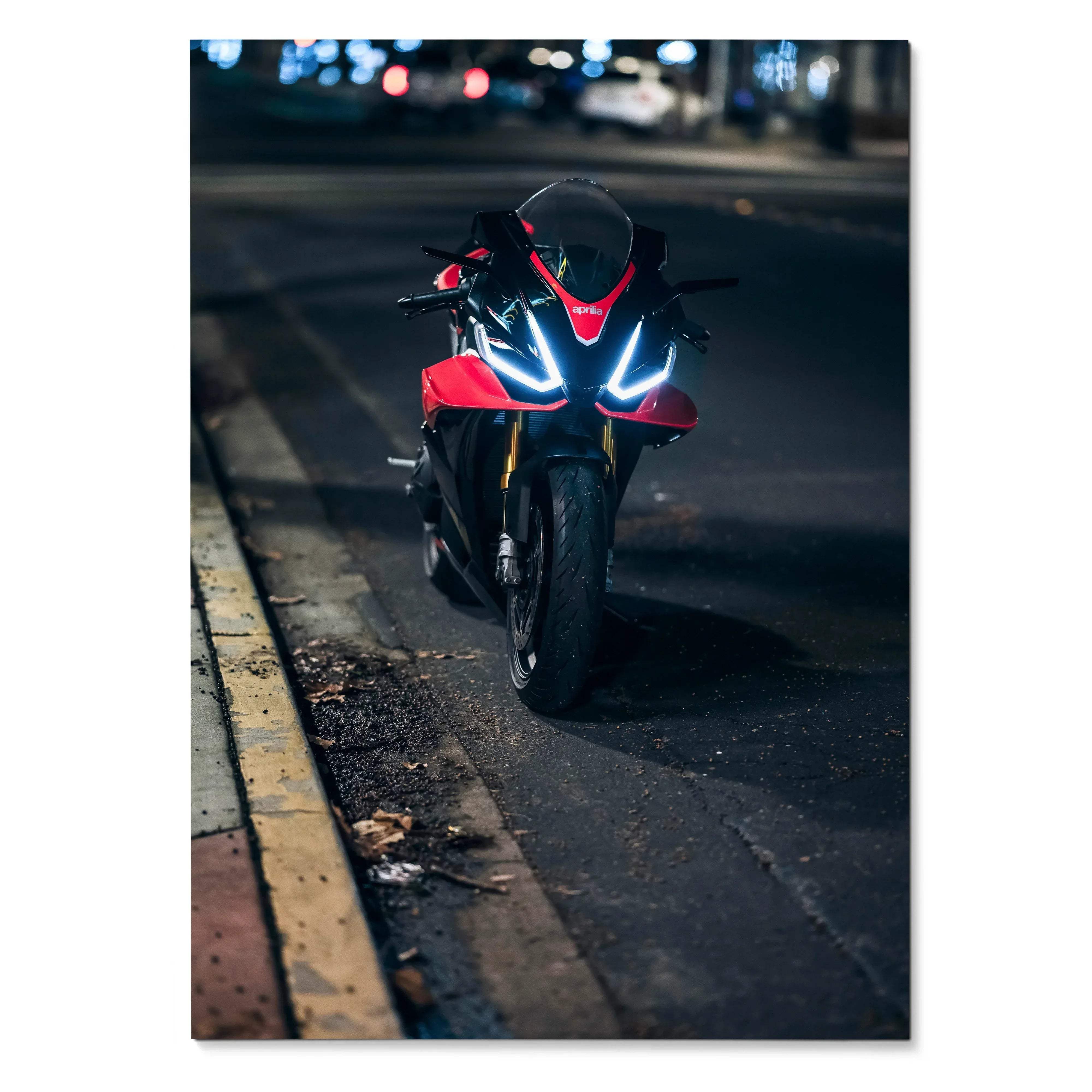 Red and black RSV4 1100 Factory sport motorcycle with glowing headlights parked on a wet street at night poster art