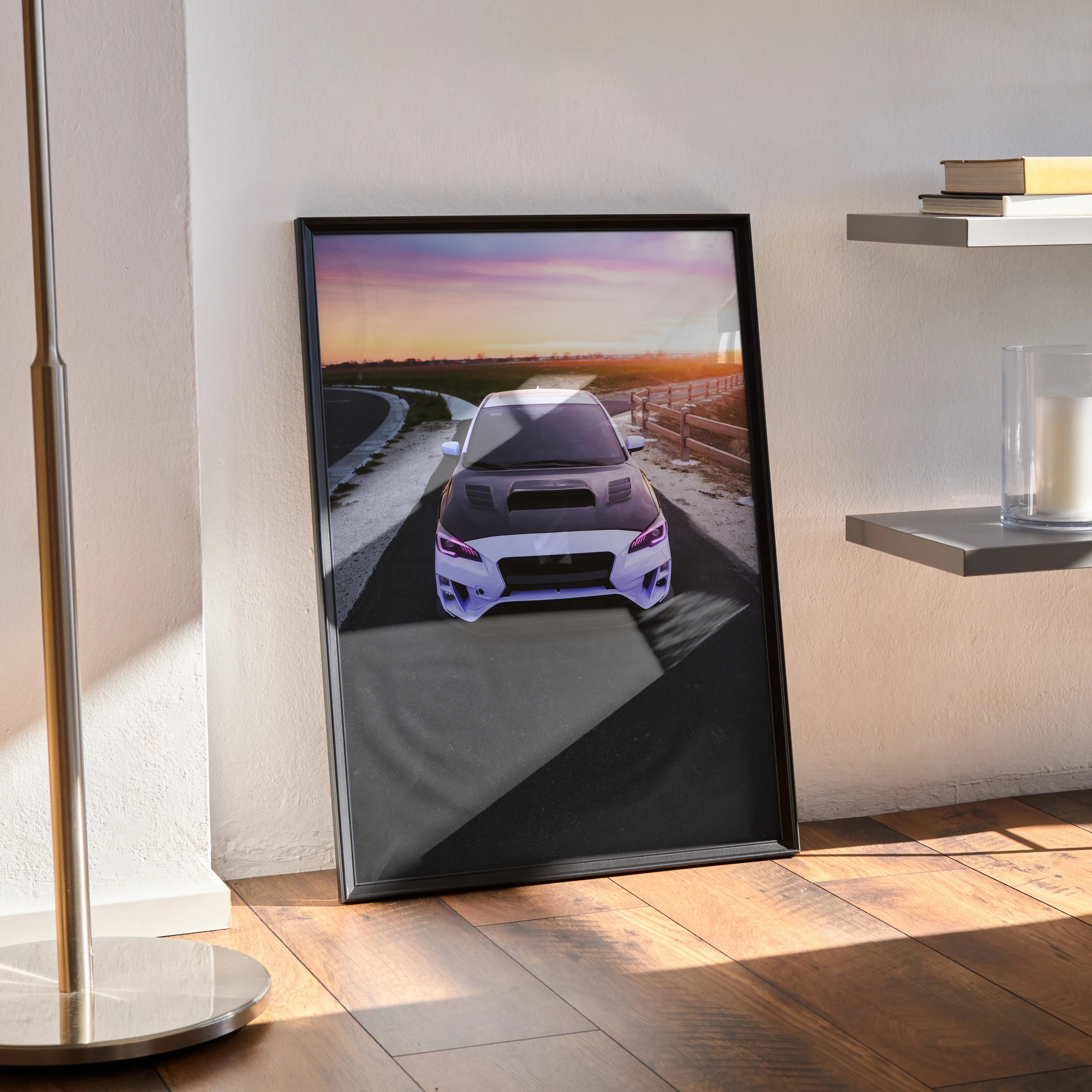 Subaru WRX car enthusiast poster with sunset background, modern wall art in black frame.
