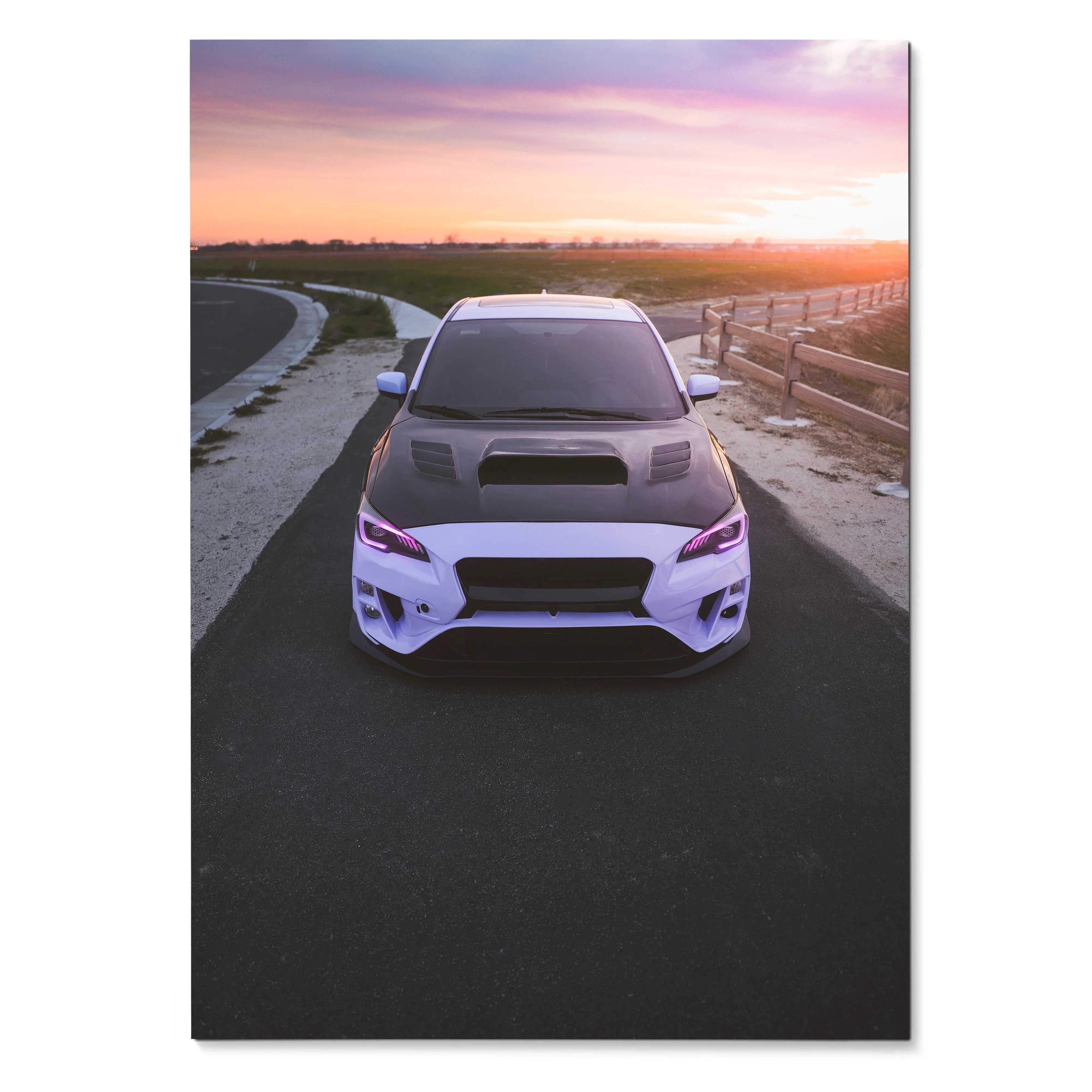 White Subaru WRX parked on road at sunset with dramatic sky poster wall art.