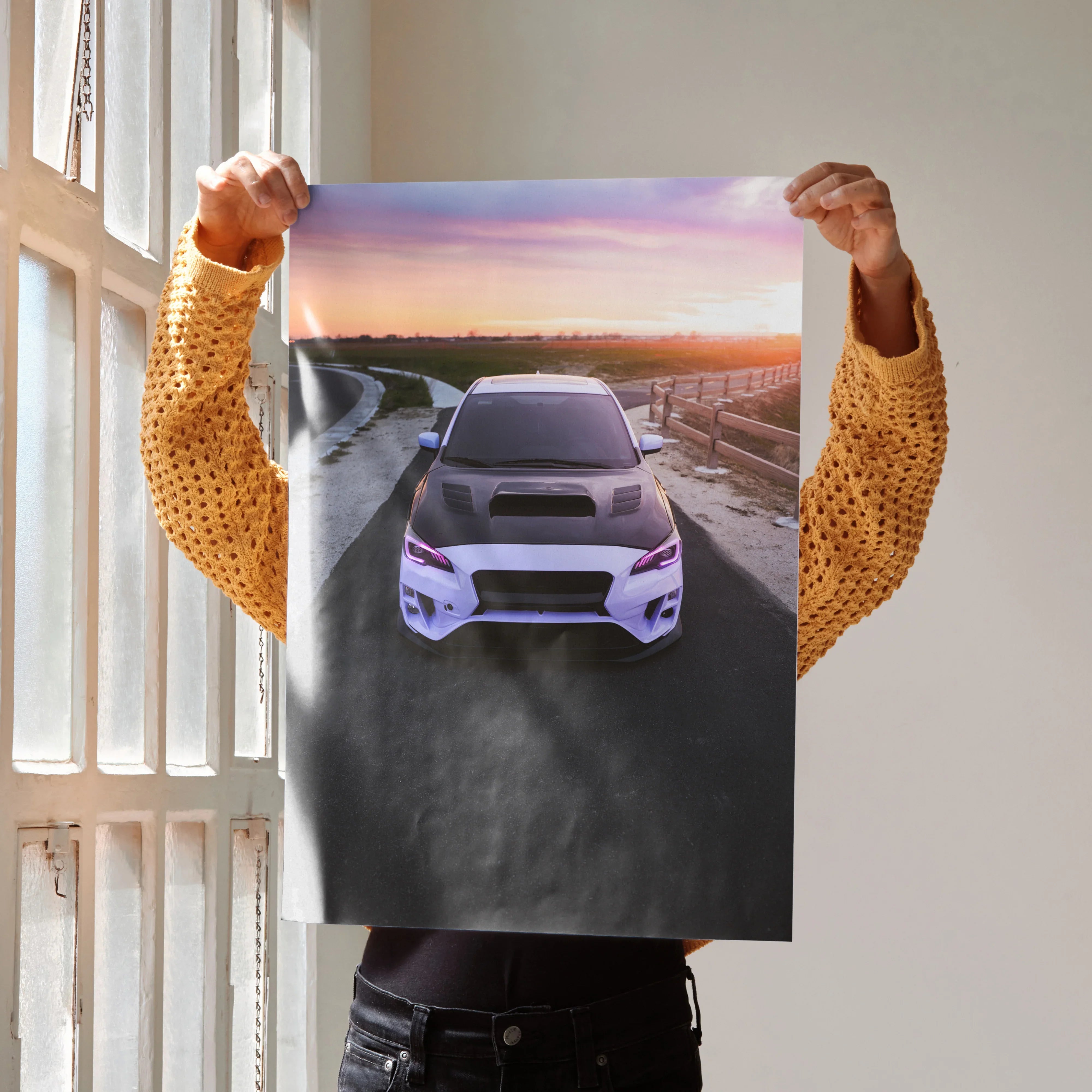 Subaru WRX poster with sunset background and road, modern car enthusiast wall art.