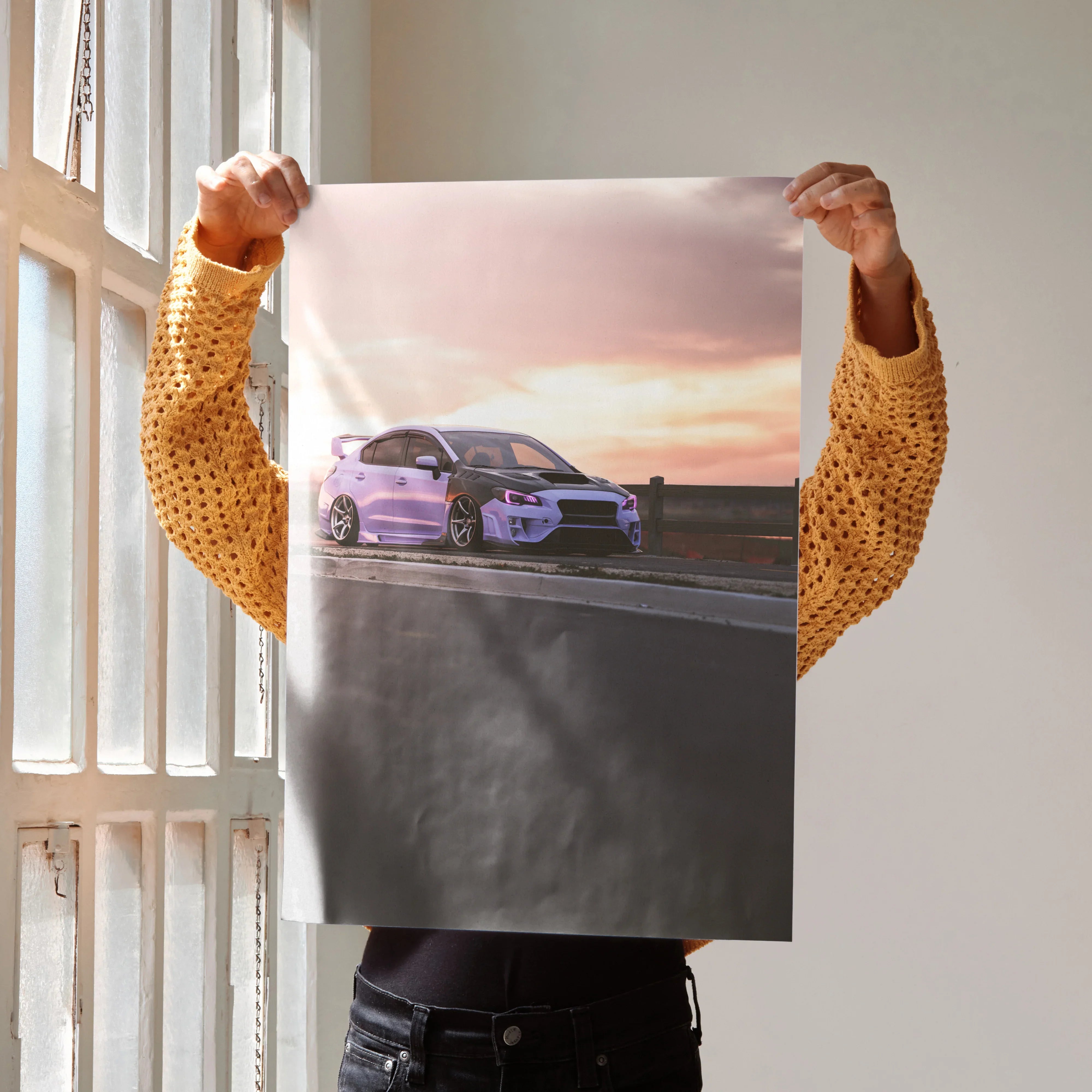 Subaru WRX poster showing a purple car on a road at sunset, automotive wall art.
