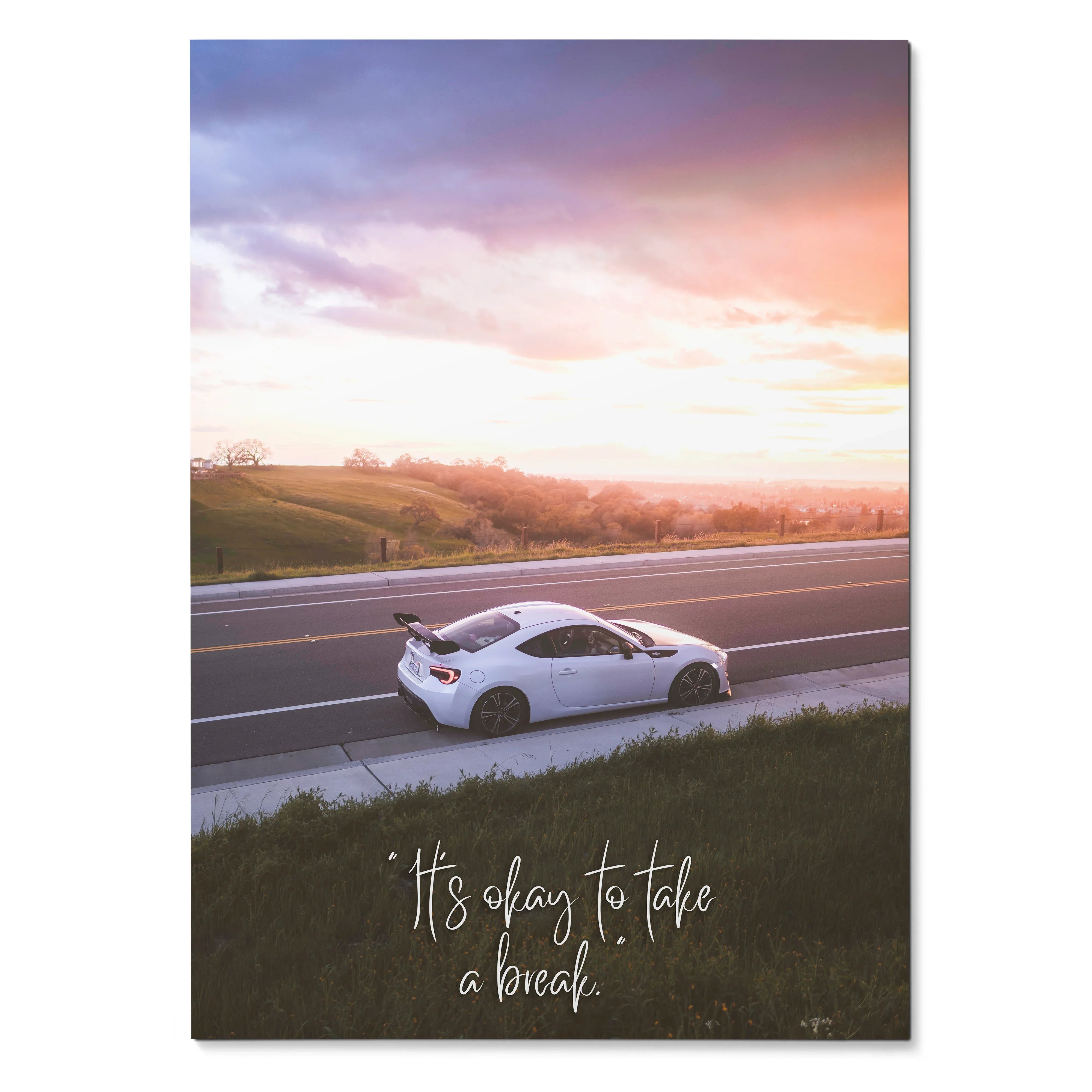 Toyota FRS white sports car on highway at sunset motivational poster wall art with "It's okay to take a break" text.