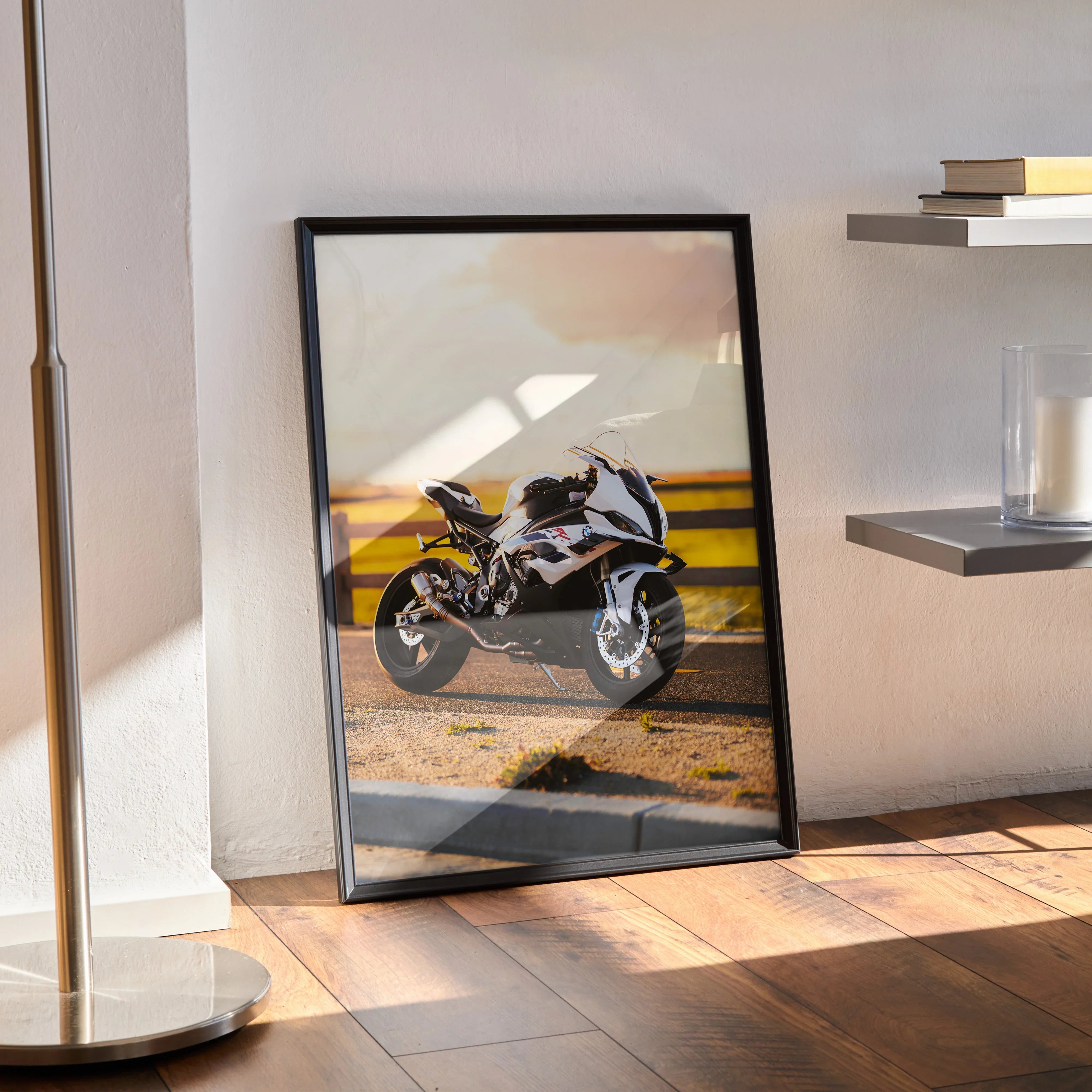 BMW S1000RR motorcycle poster with sunset background in sleek black frame wall art.