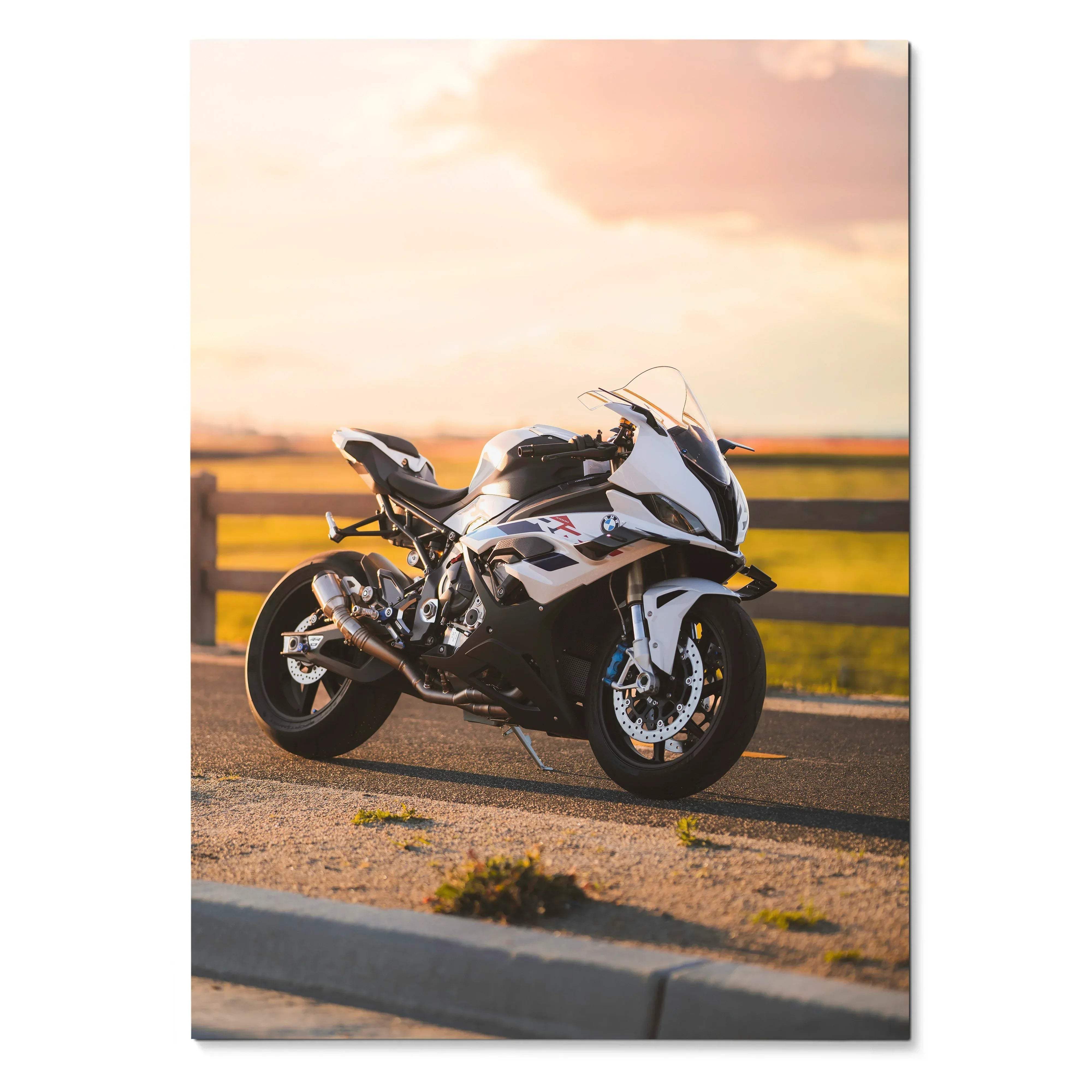 BMW S1000RR motorcycle poster with sunset background, premium wall art decor.
