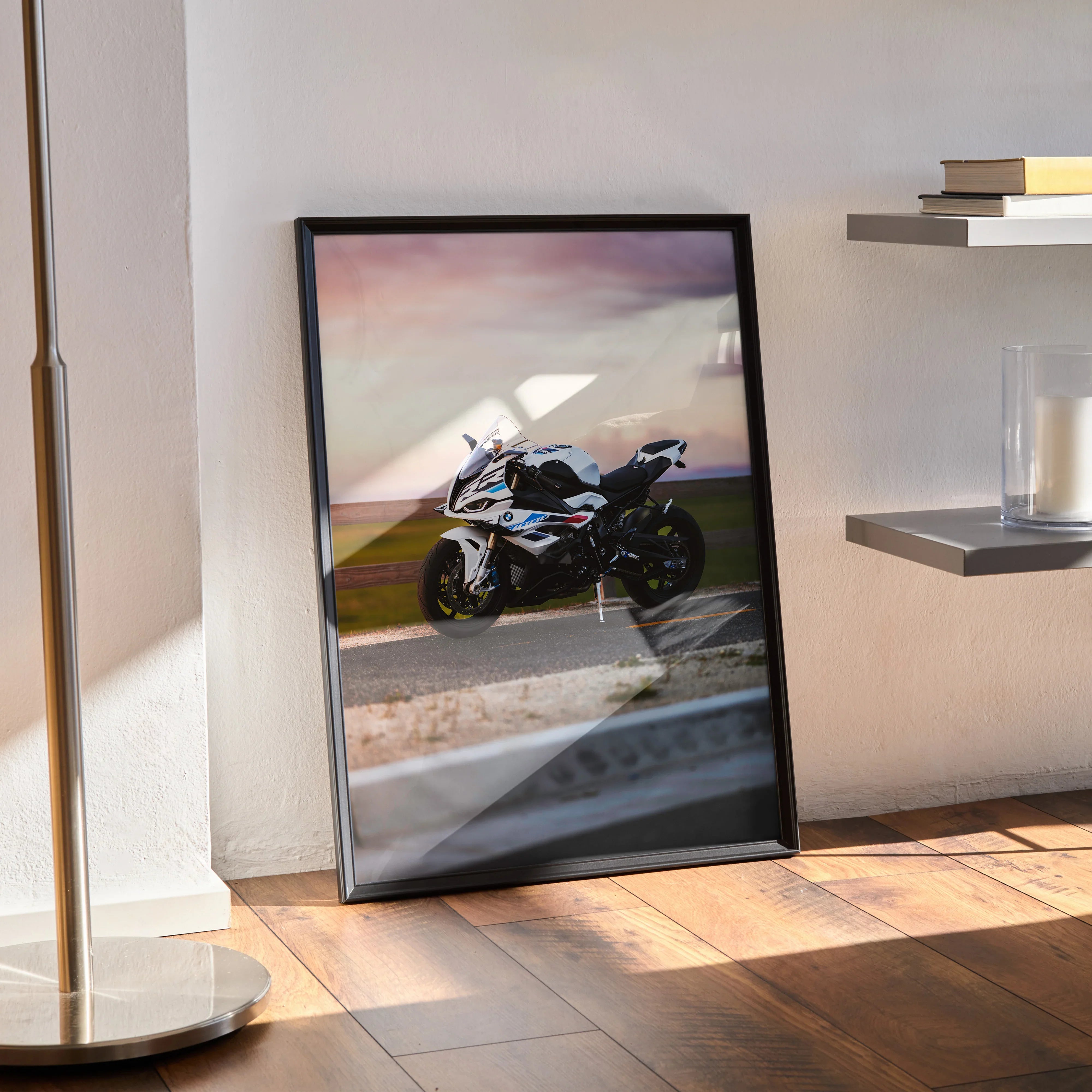 BMW S1000RR motorcycle poster with sunset background in black frame wall art.