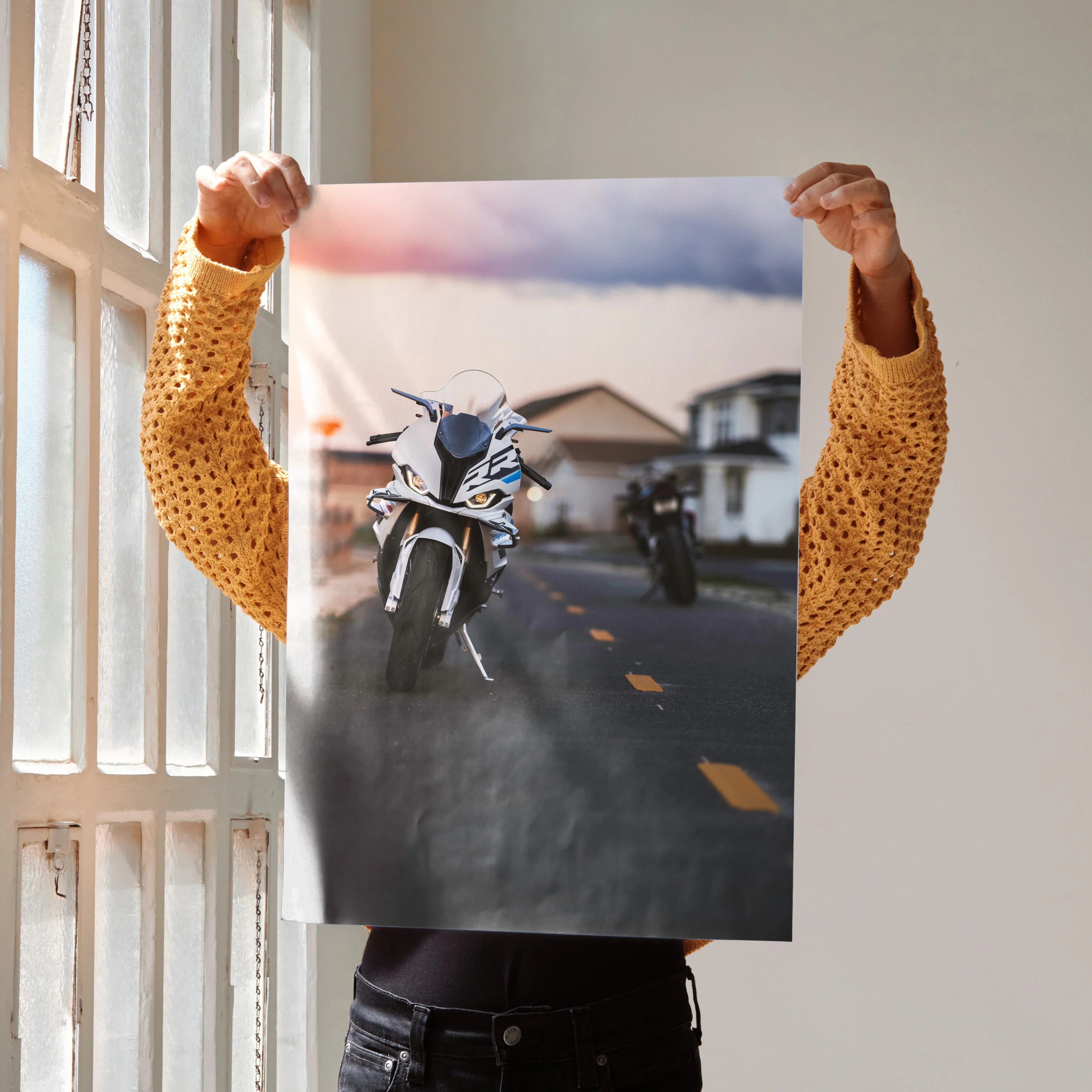 Poster wall art featuring dynamic BMW S1000RR and Aprilia RSV4 motorcycles racing on a road.