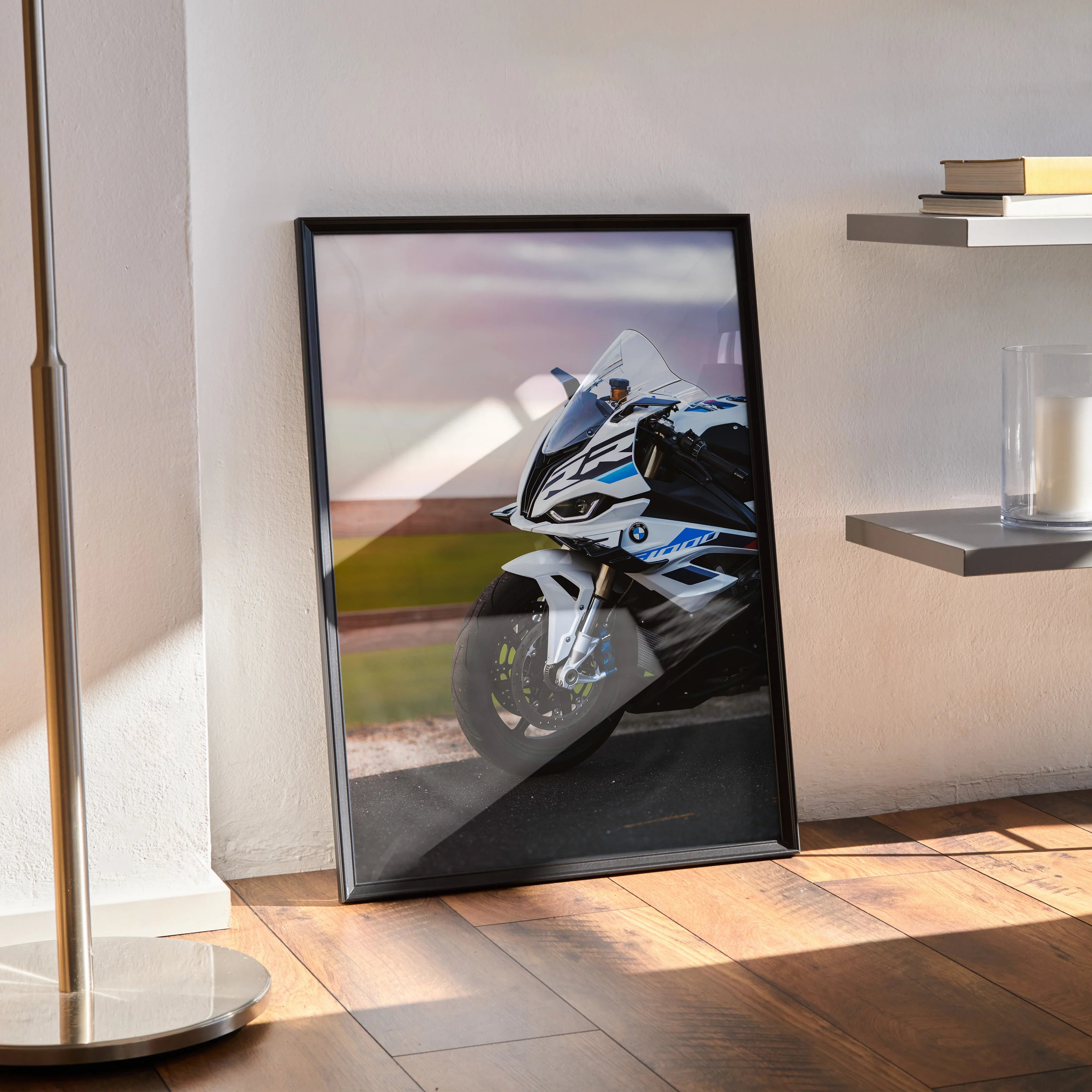 BMW S1000RR motorcycle poster with dynamic racing angle, sleek black and white wall art print.