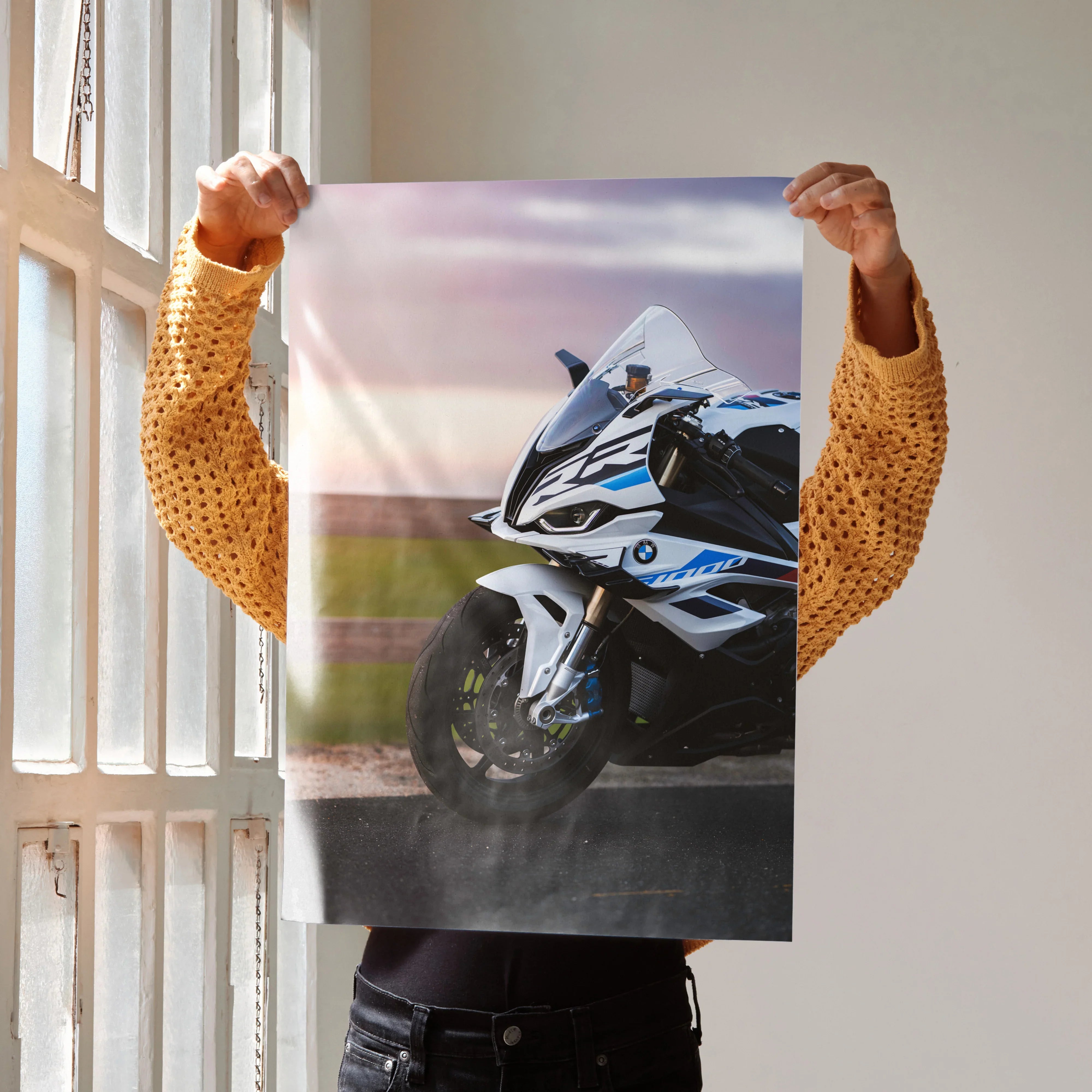BMW S1000RR motorcycle poster with dynamic racing design in blue and white colors wall art print.