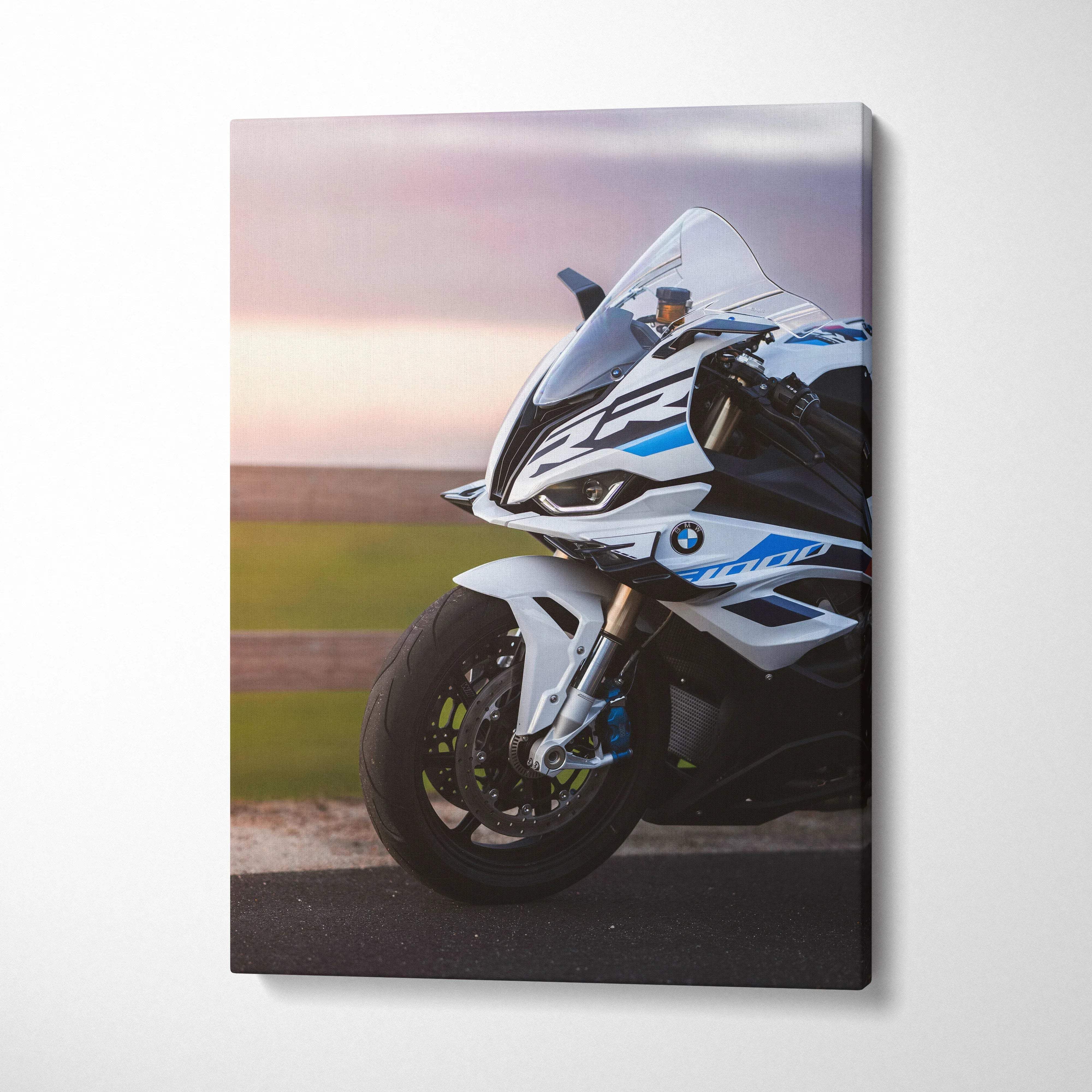 BMW S1000RR motorcycle close-up on vertical high-resolution canvas wall art with soft sunset background.