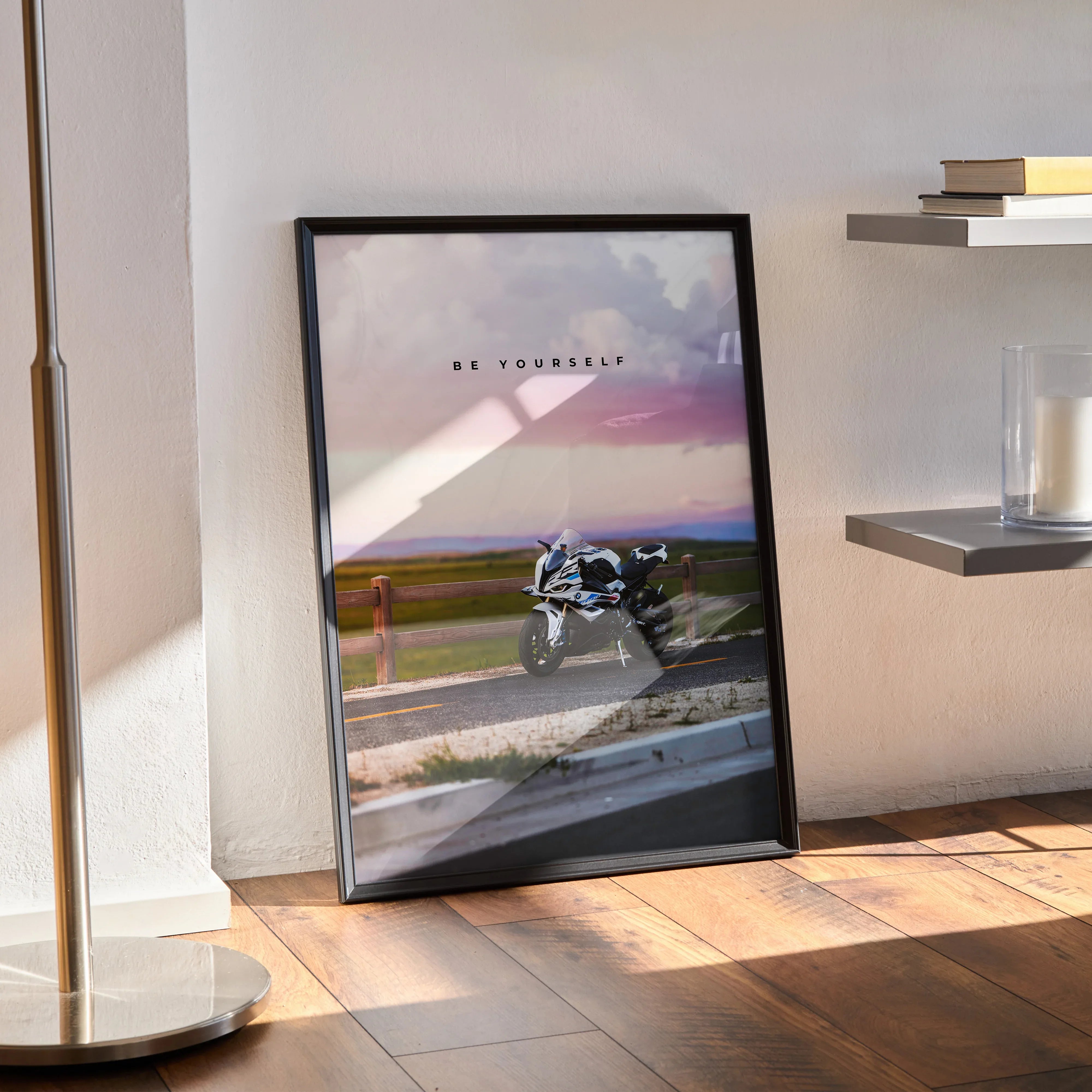 BMW S1000RR motorcycle poster with "Be Yourself" text, modern wall art in black frame.
